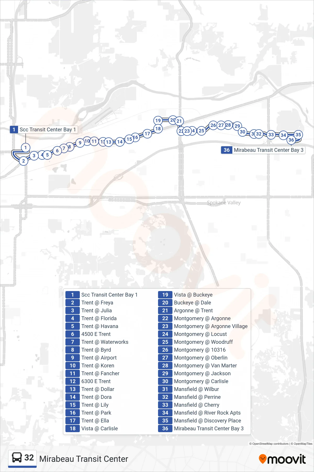 32 bus Line (Mirabeau Transit Center) route and stops on a map