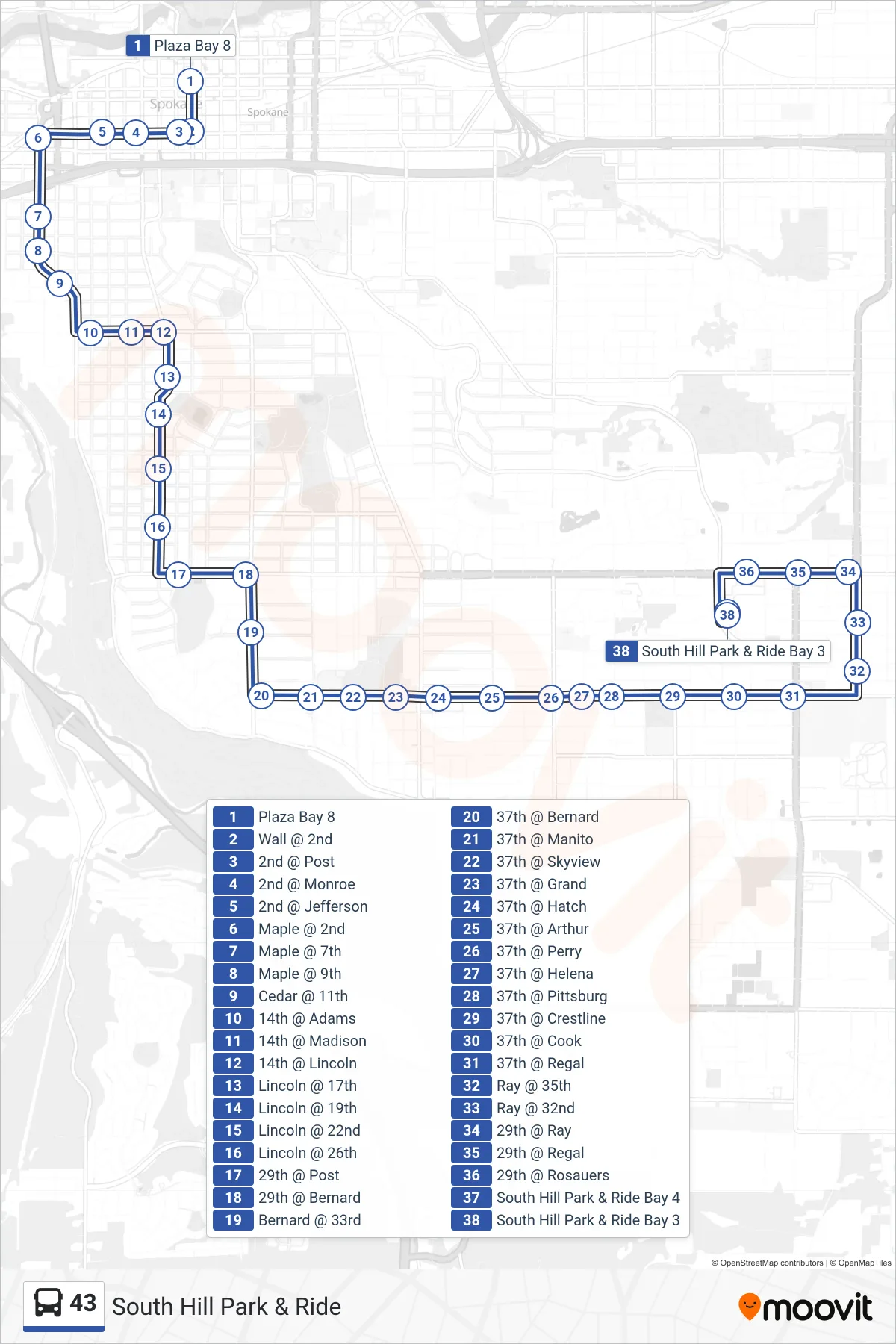 43 bus Line (South Hill Park & Ride) route and stops on a map