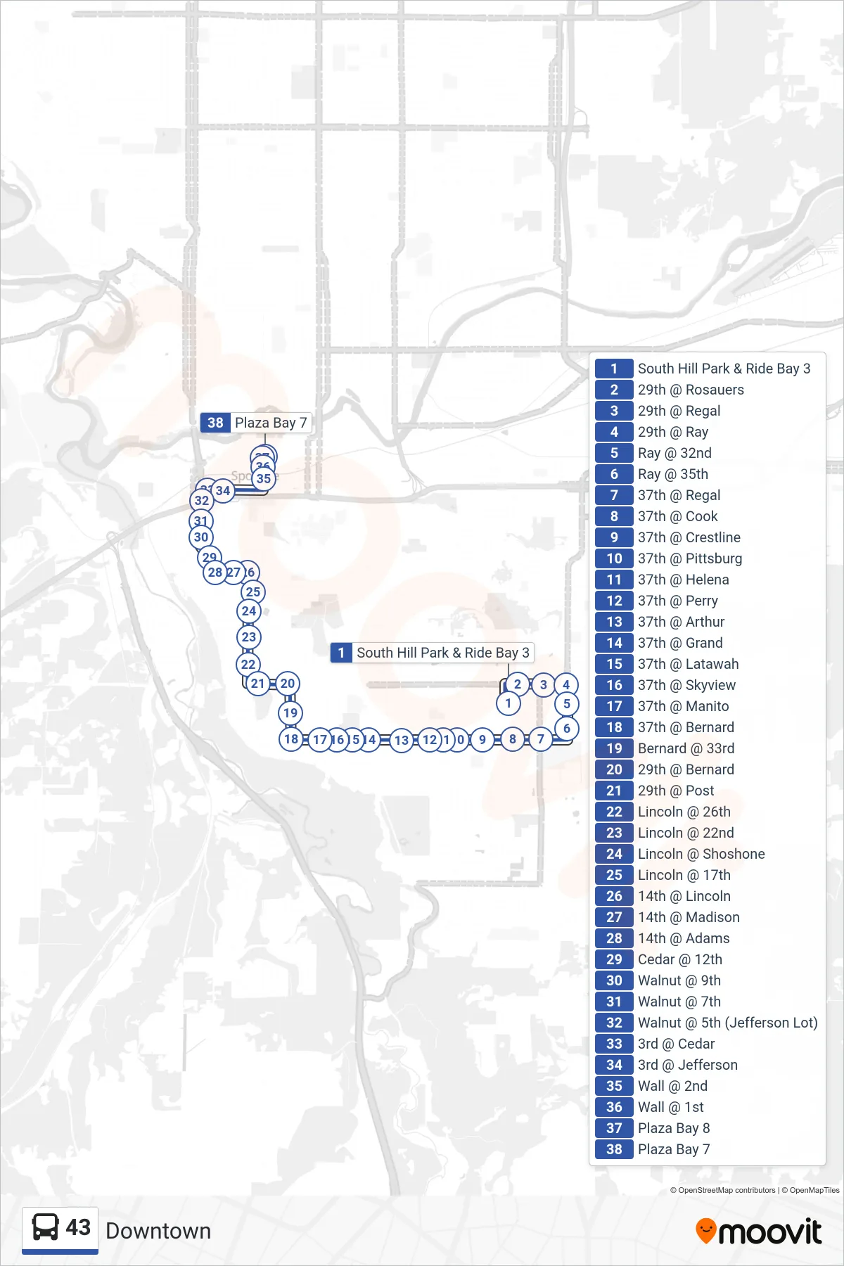 43 bus Line (Downtown) route and stops on a map