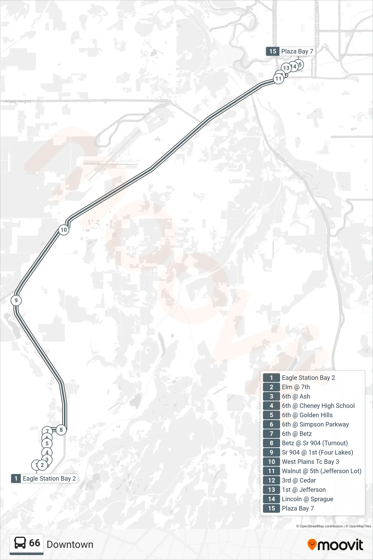66 bus Line (Downtown) route and stops on a map
