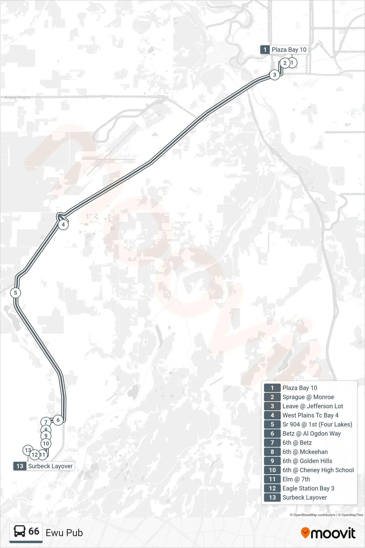 66 bus Line (Ewu Pub) route and stops on a map