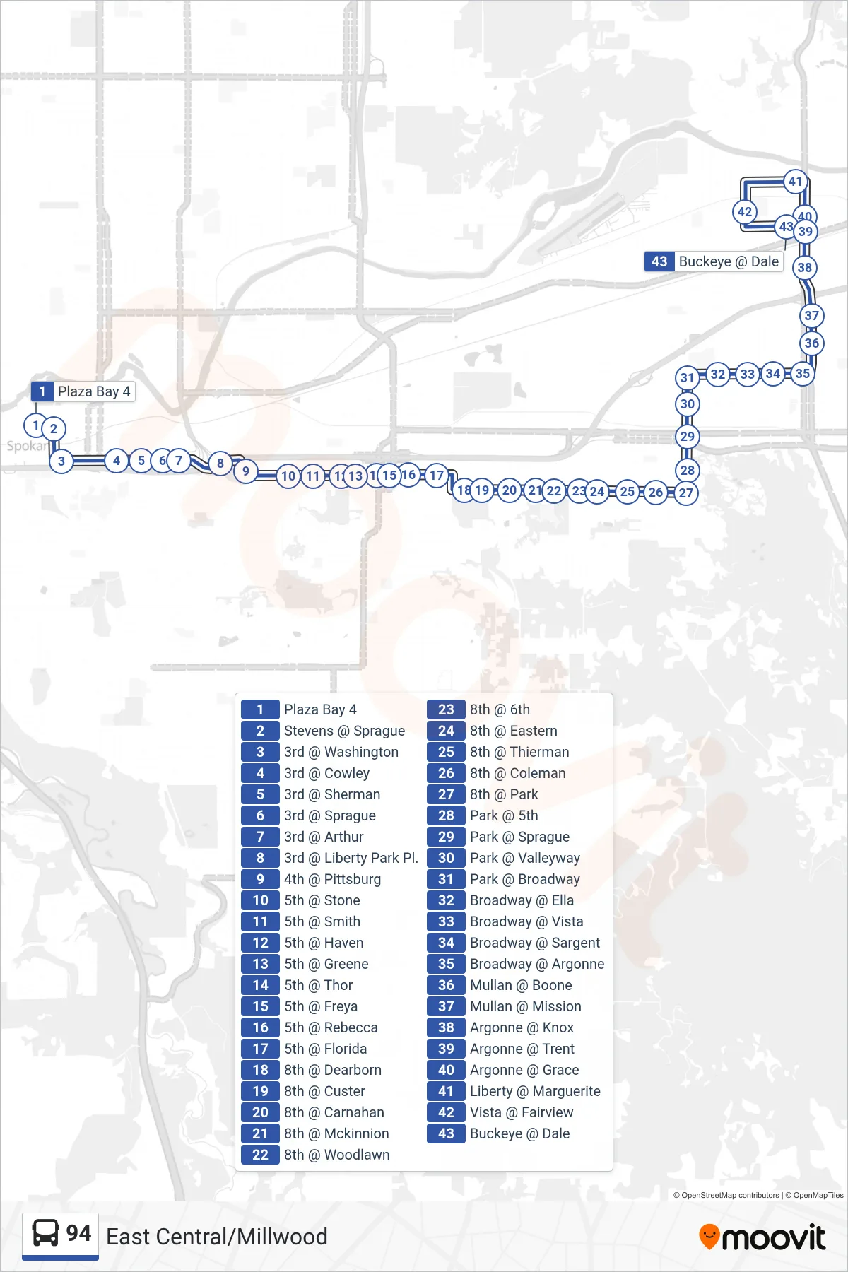 94 bus Line (Millwood) route and stops on a map