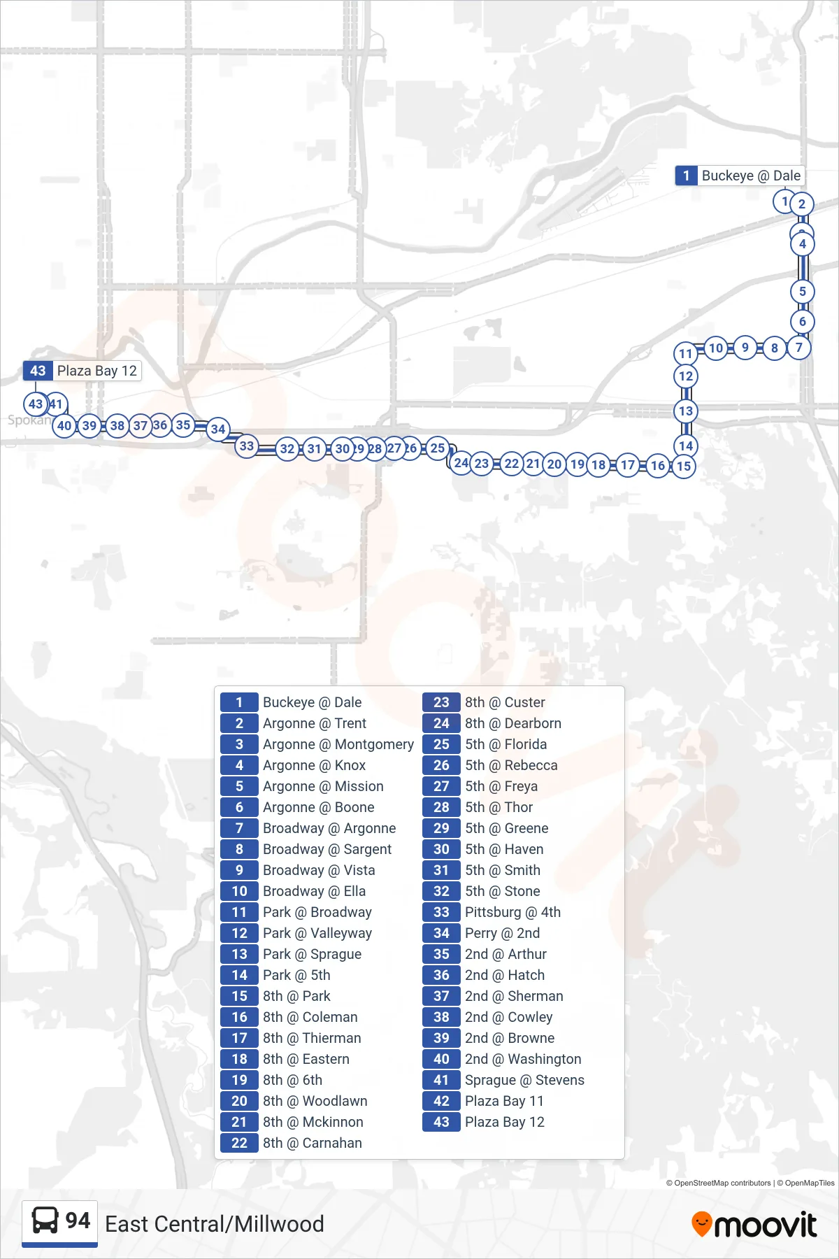 94 bus Line (Downtown) route and stops on a map