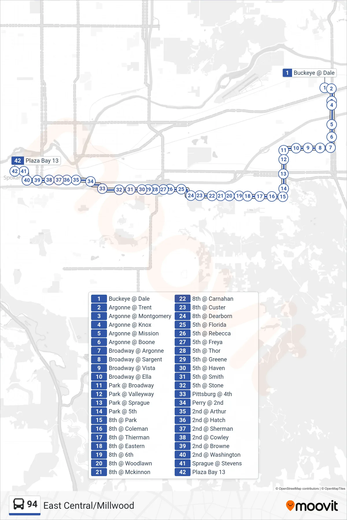 94 bus Line (To Downtown) route and stops on a map