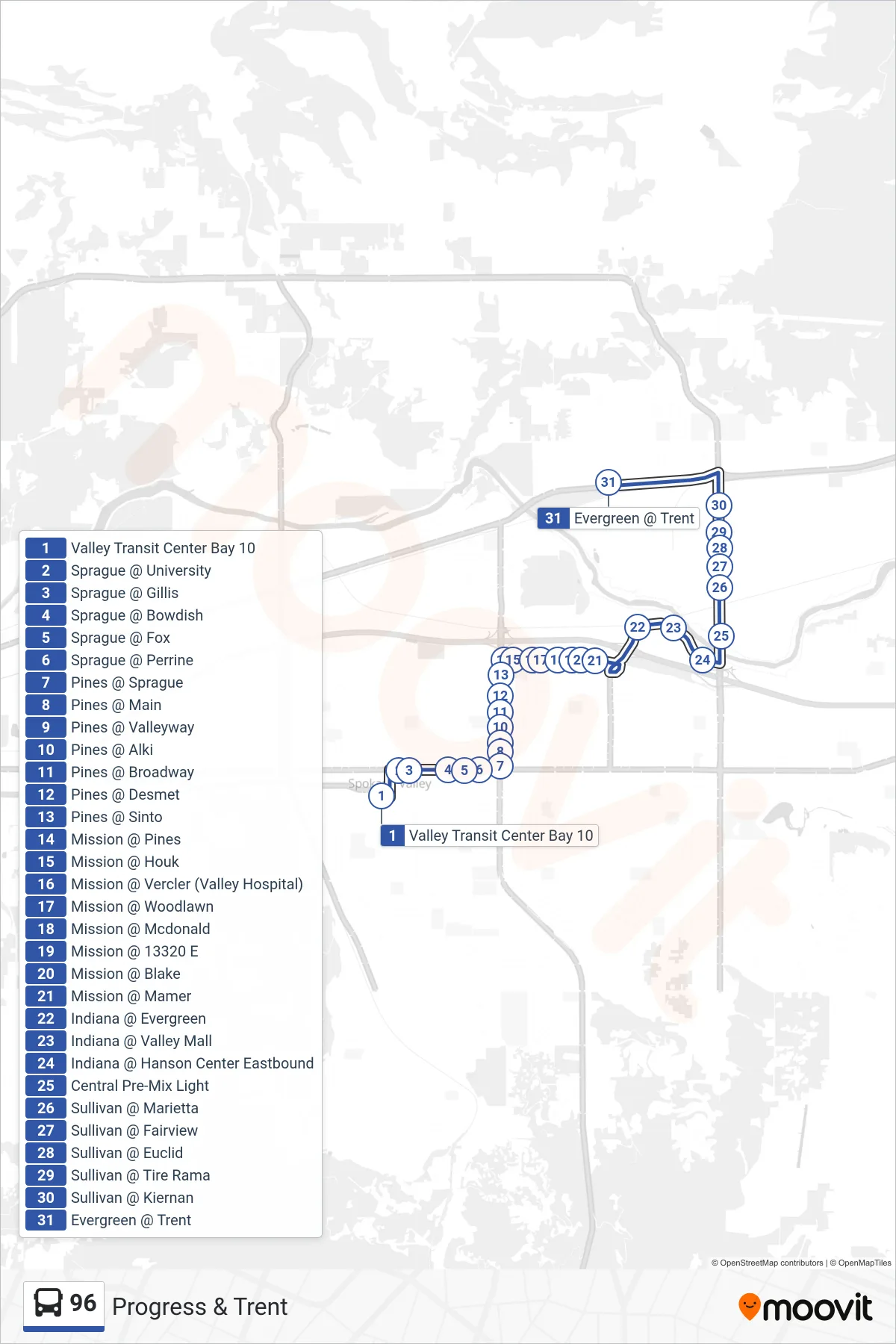 96 bus Line (Progress & Trent) route and stops on a map