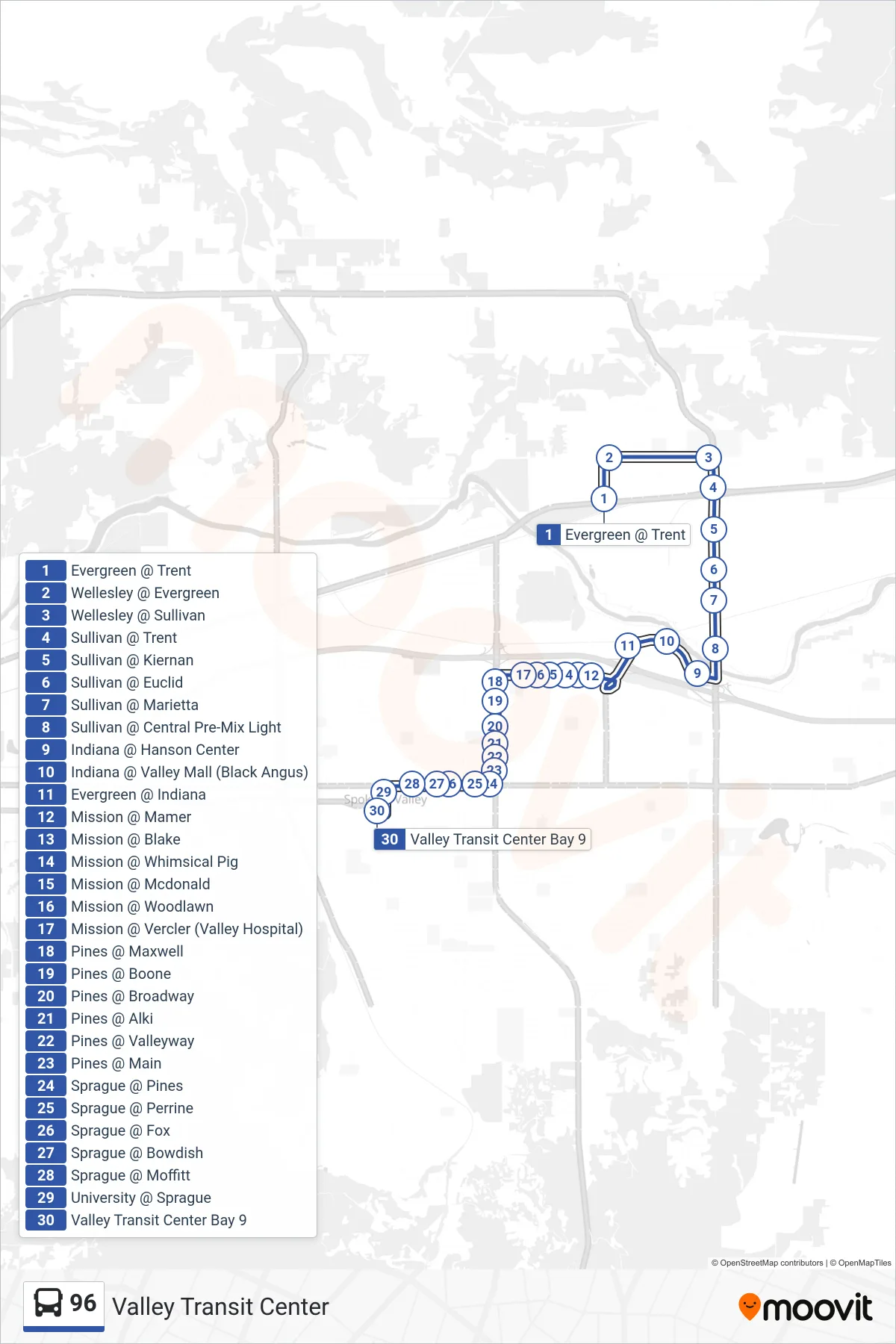 96 bus Line (Valley Transit Center) route and stops on a map
