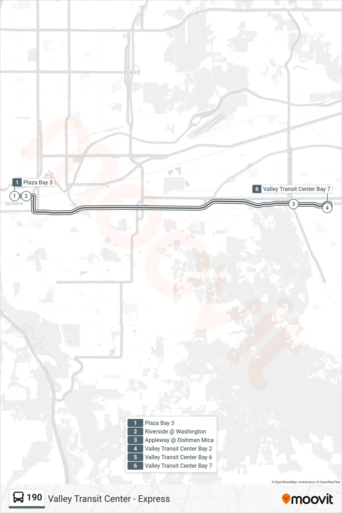 190 bus Line (Valley Transit Center - Express) route and stops on a map