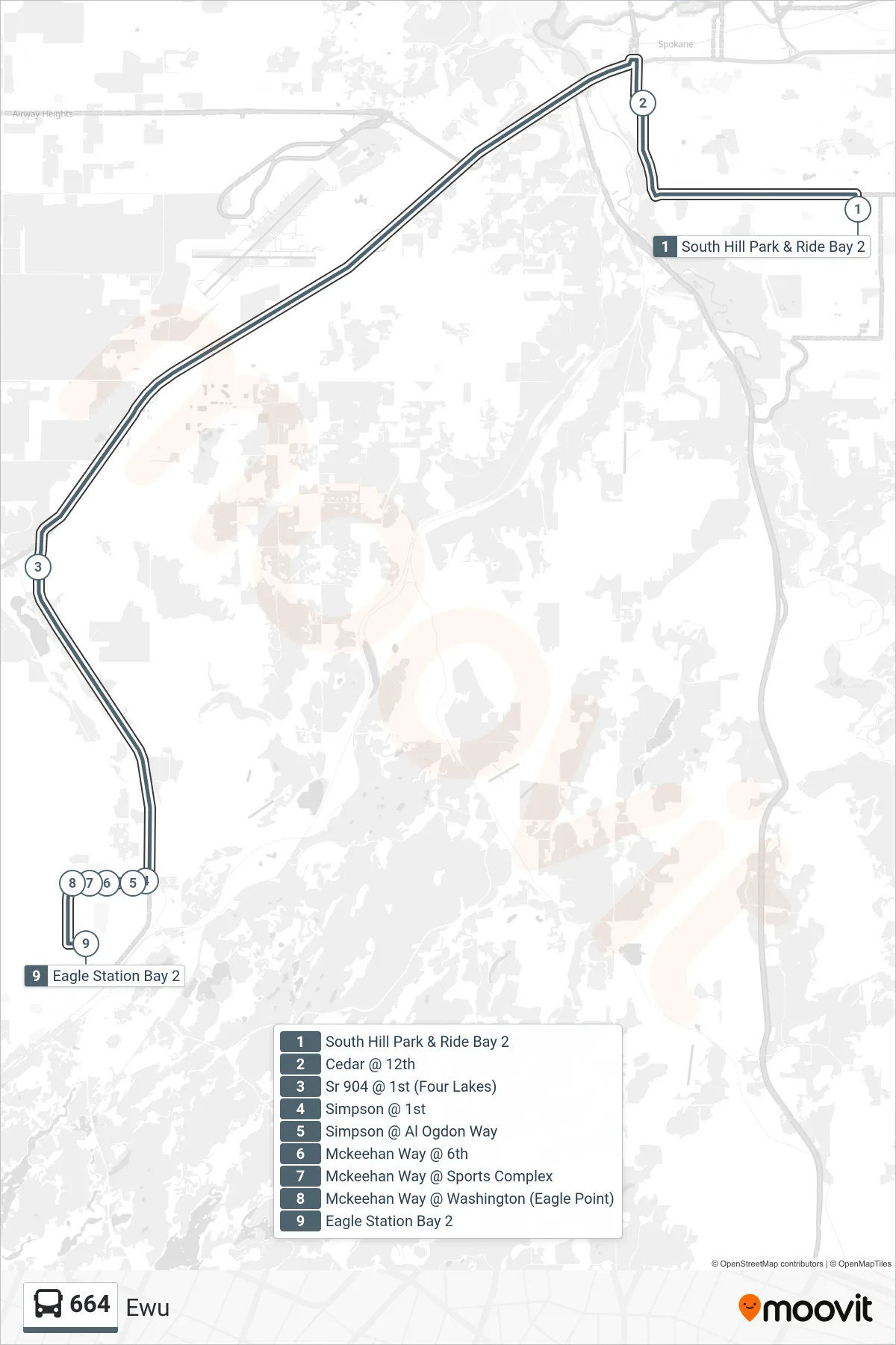664 bus Line (Ewu) route and stops on a map