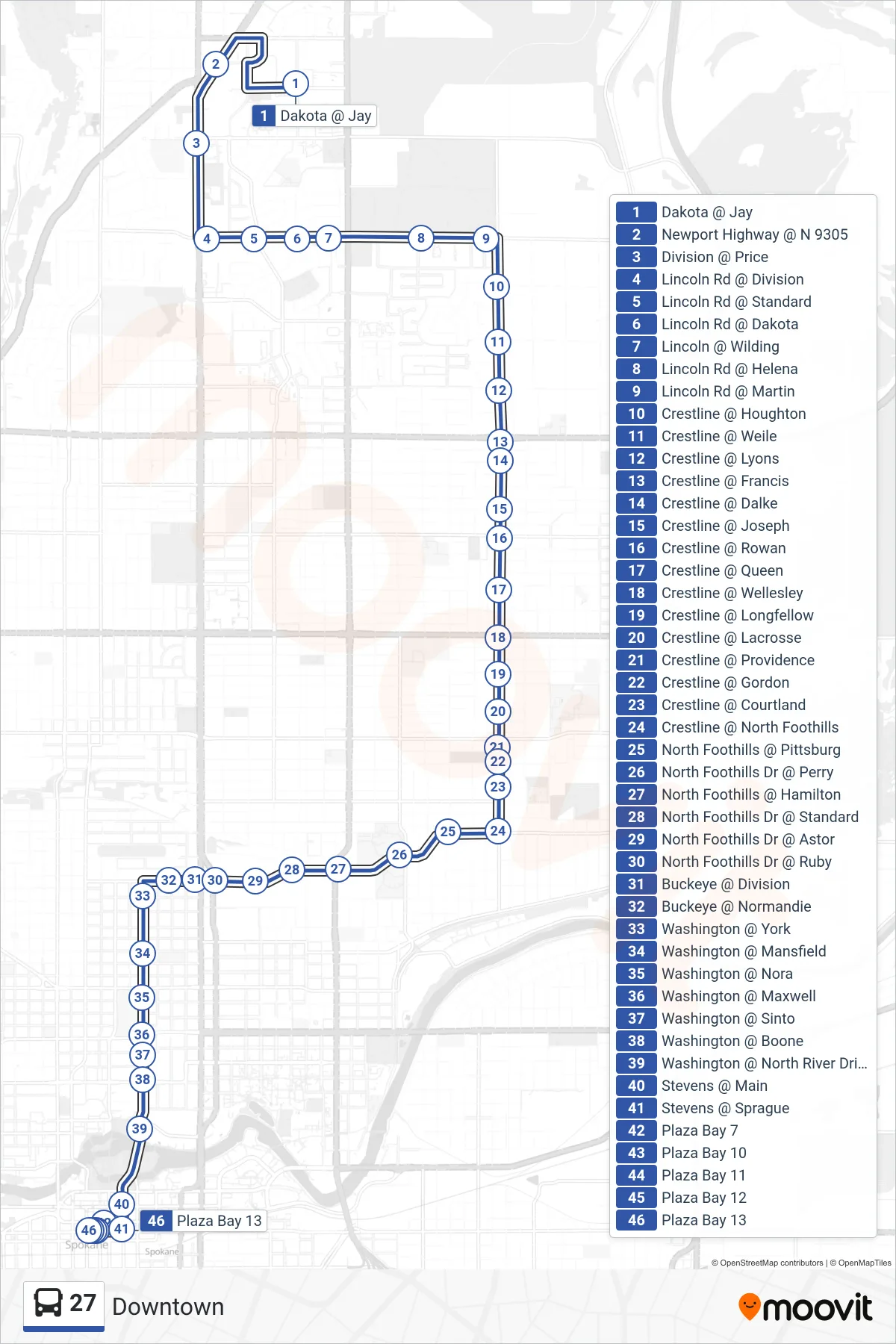 27 bus Line (Downtown) route and stops on a map