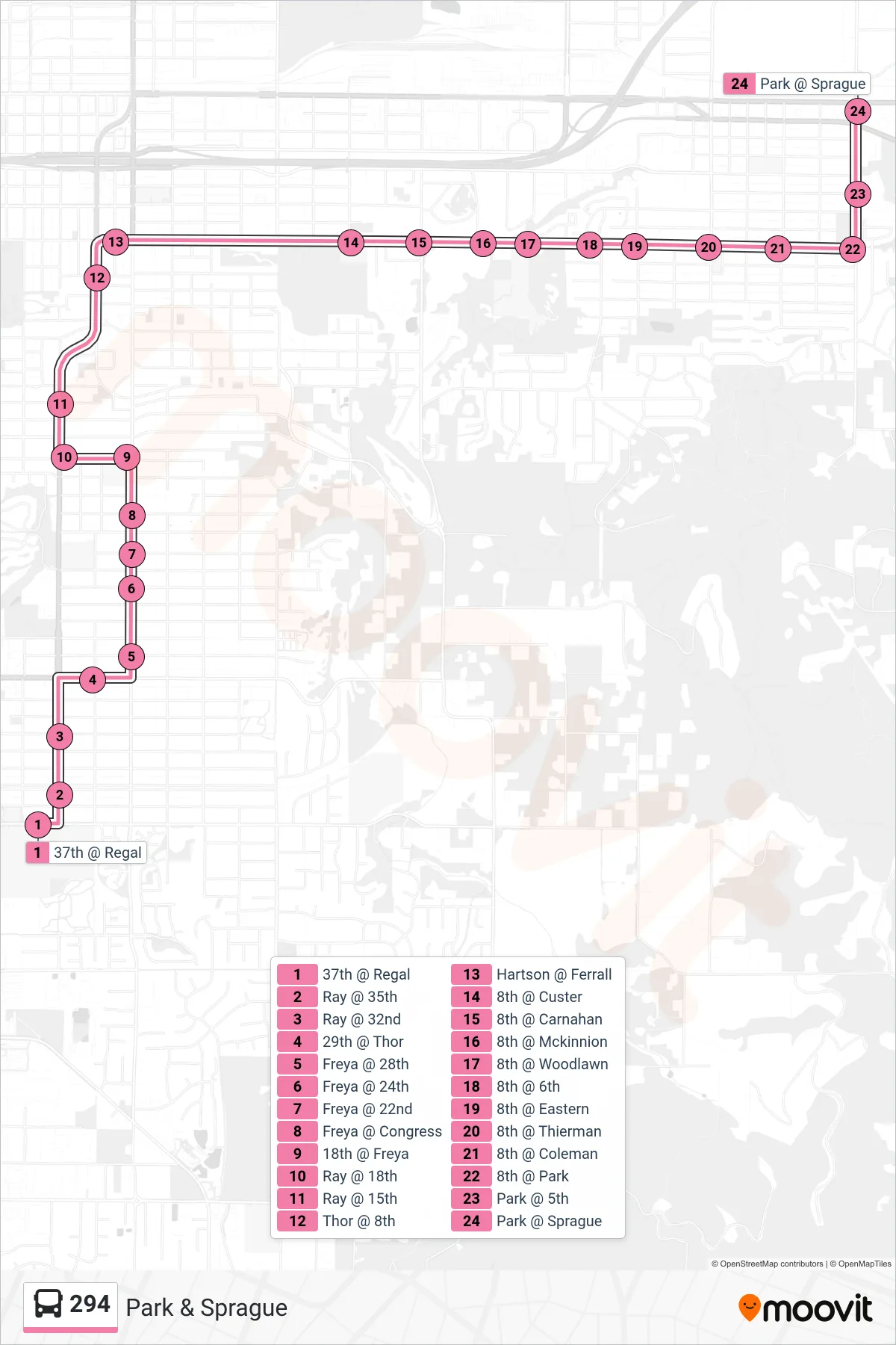 294 bus Line (Park & Sprague) route and stops on a map