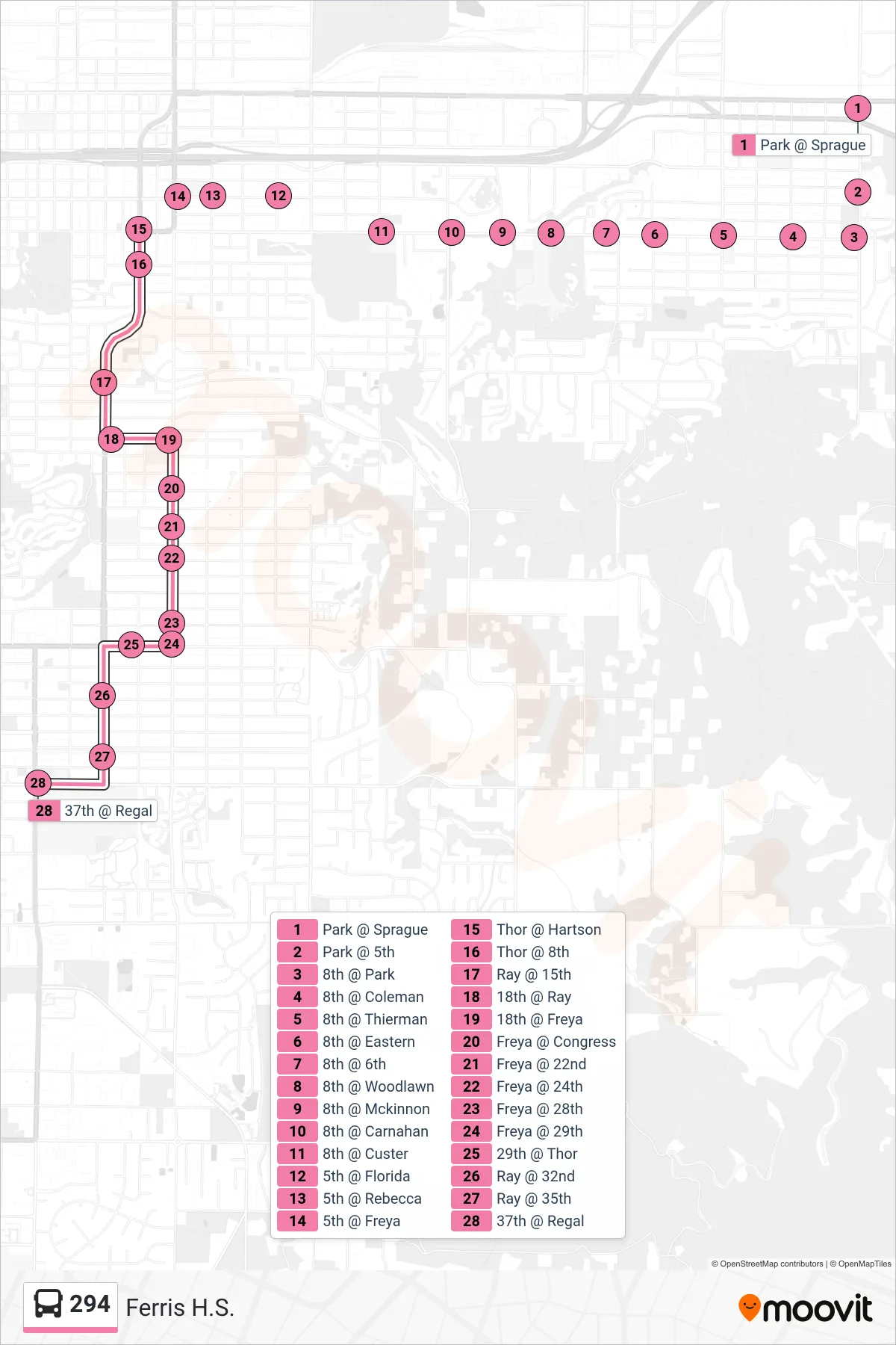 294 bus Line (Ferris H.S.) route and stops on a map