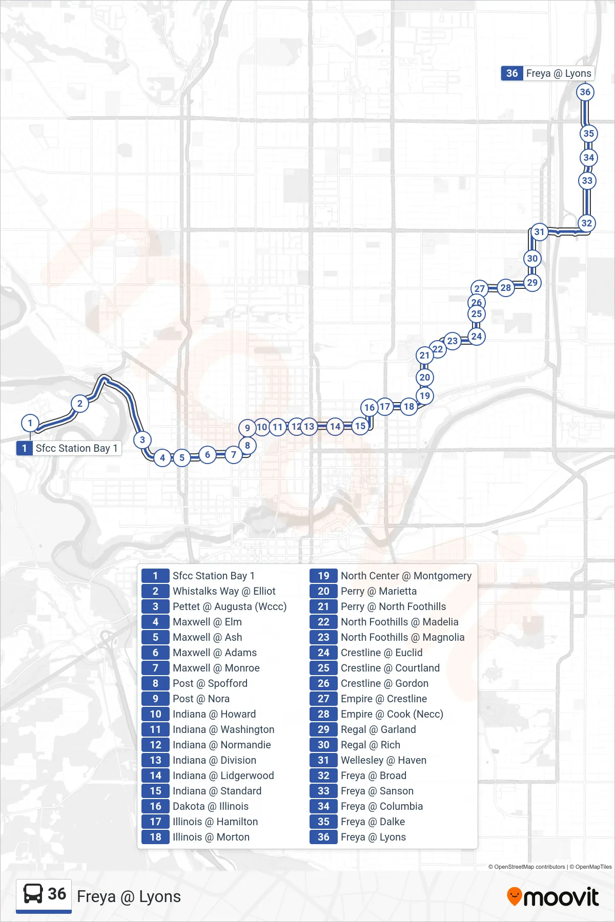 36 bus Line (Freya @ Lyons) route and stops on a map