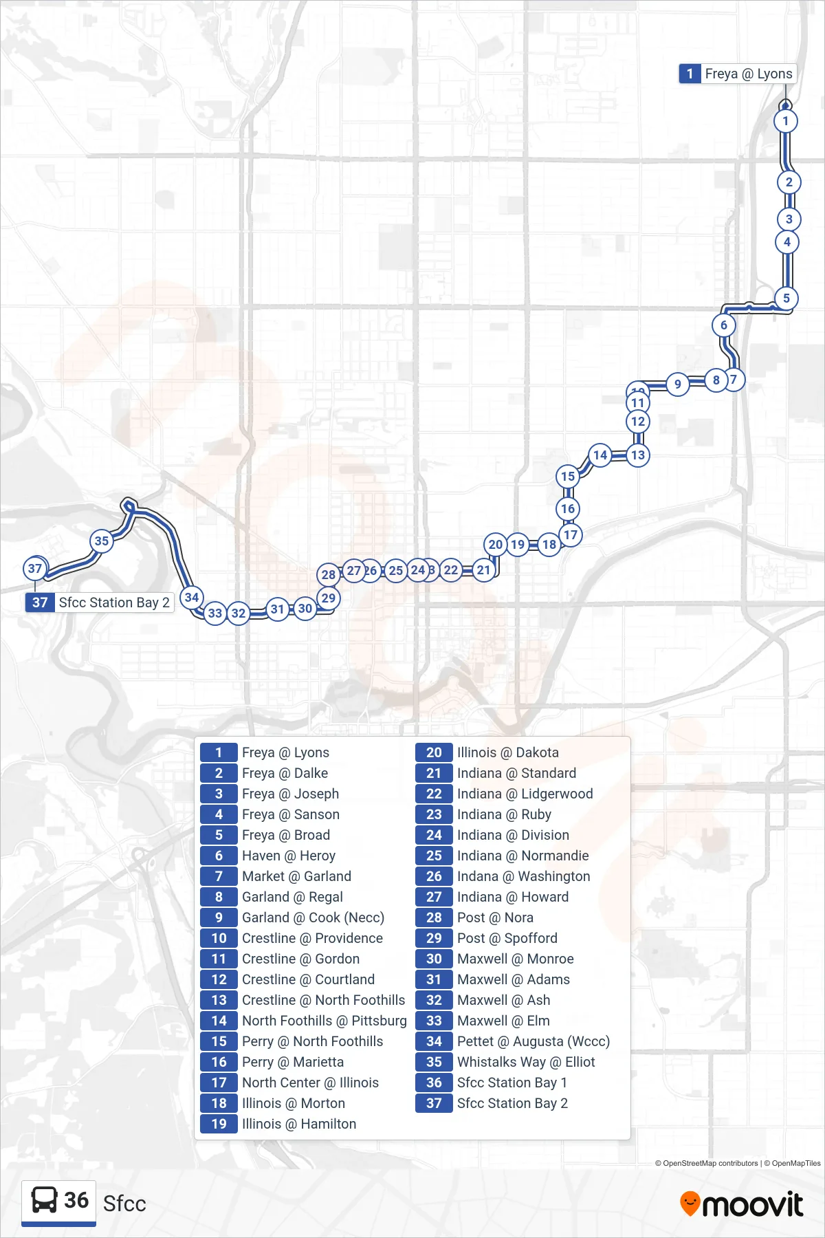 36 bus Line (Sfcc) route and stops on a map