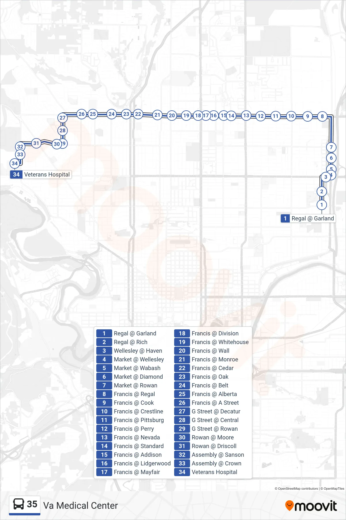 35 bus Line (Va Medical Center) route and stops on a map