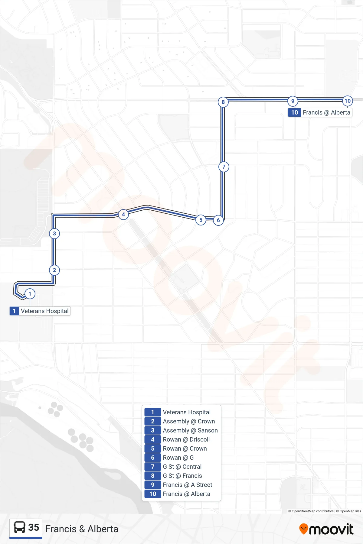 35 bus Line (Francis & Alberta) route and stops on a map