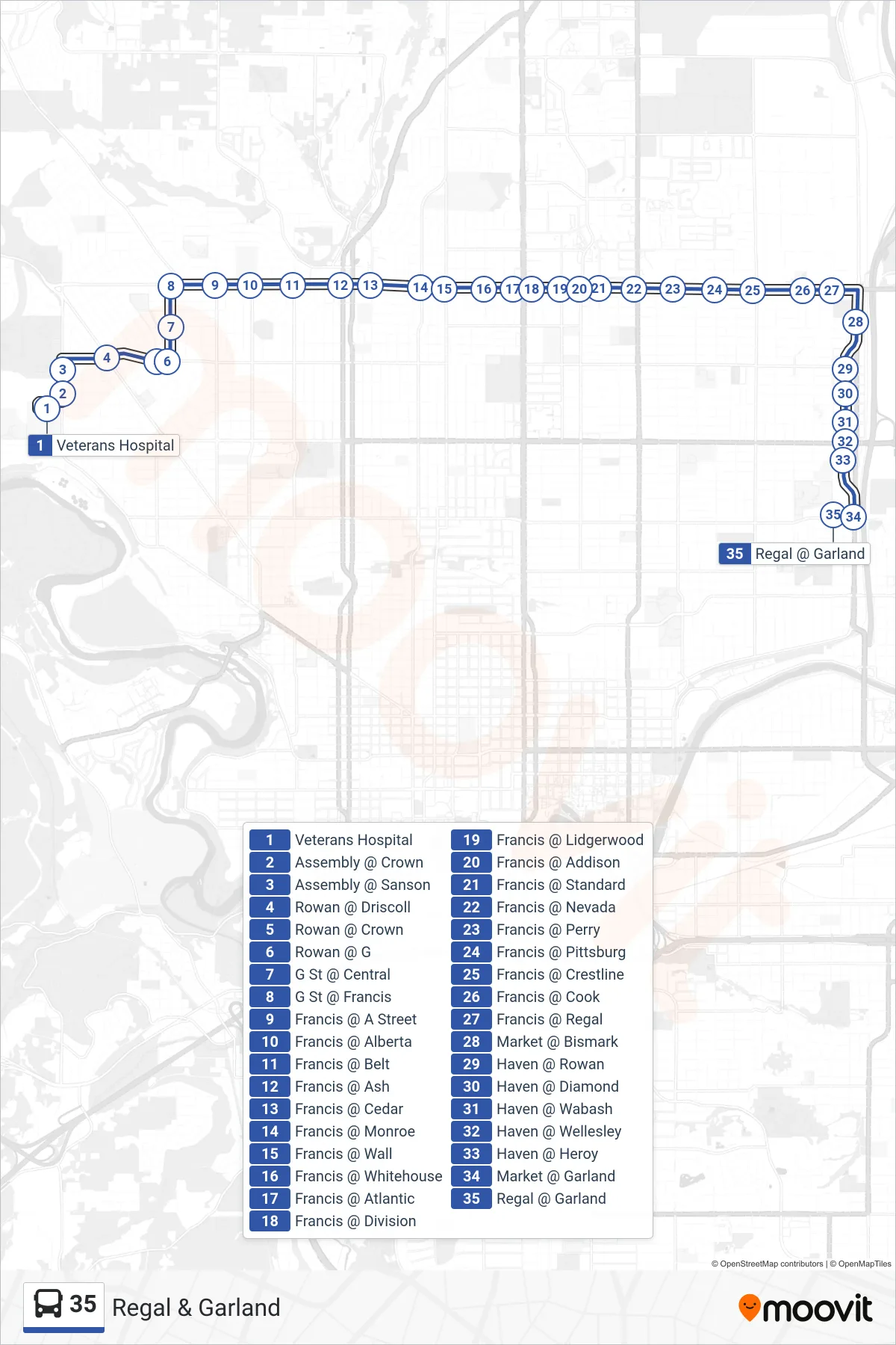35 bus Line (Regal & Garland) route and stops on a map