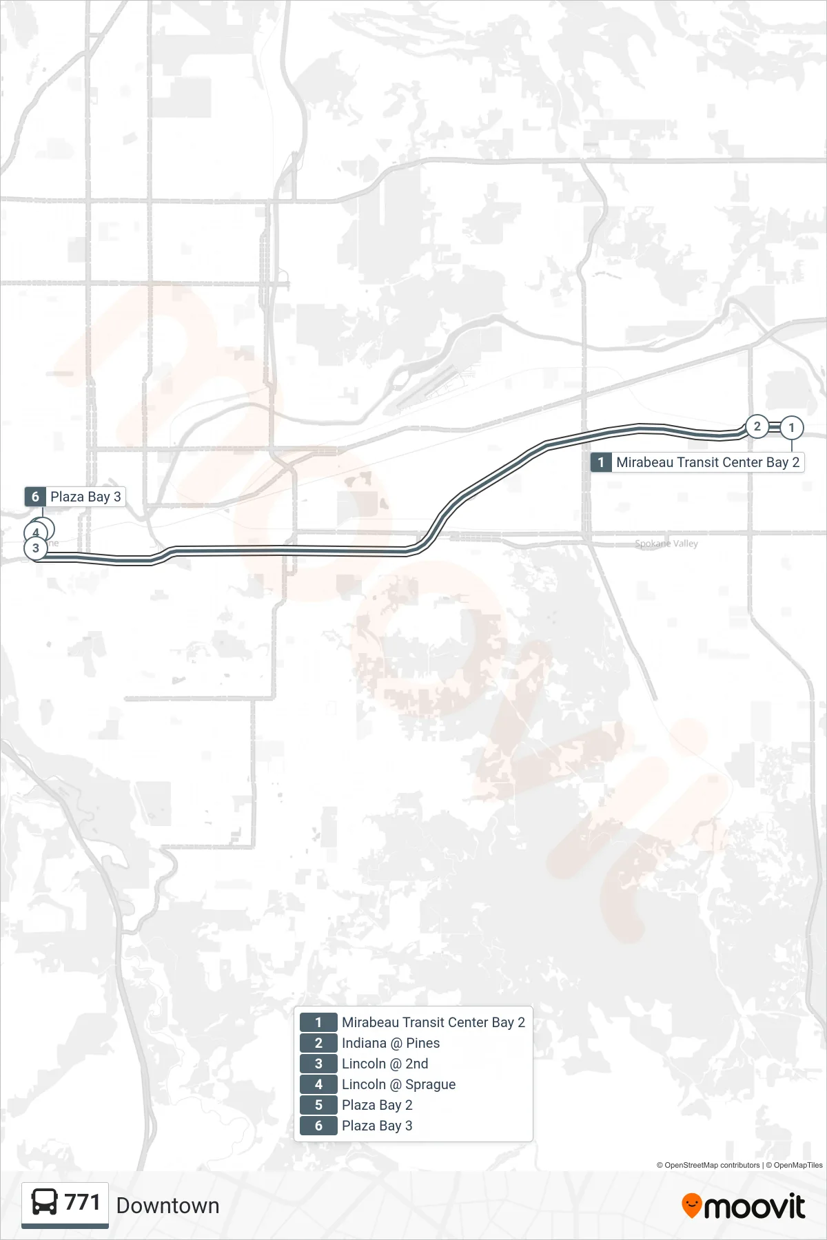 771 bus Line (Downtown) route and stops on a map