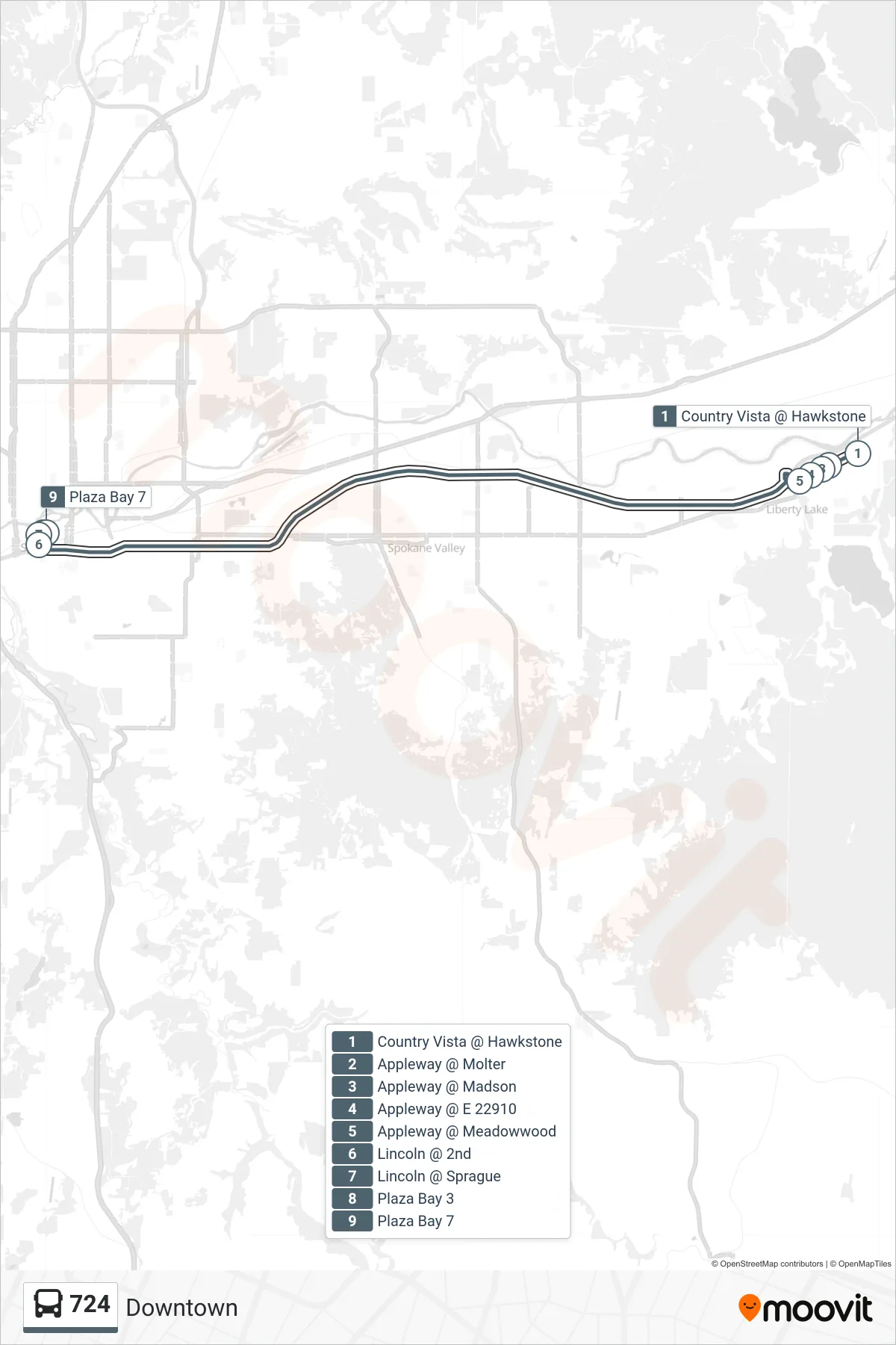 724 bus Line (Downtown) route and stops on a map