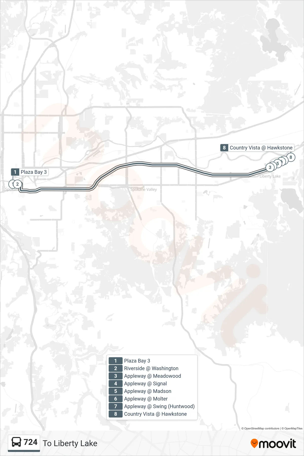 724 bus Line (To Liberty Lake) route and stops on a map