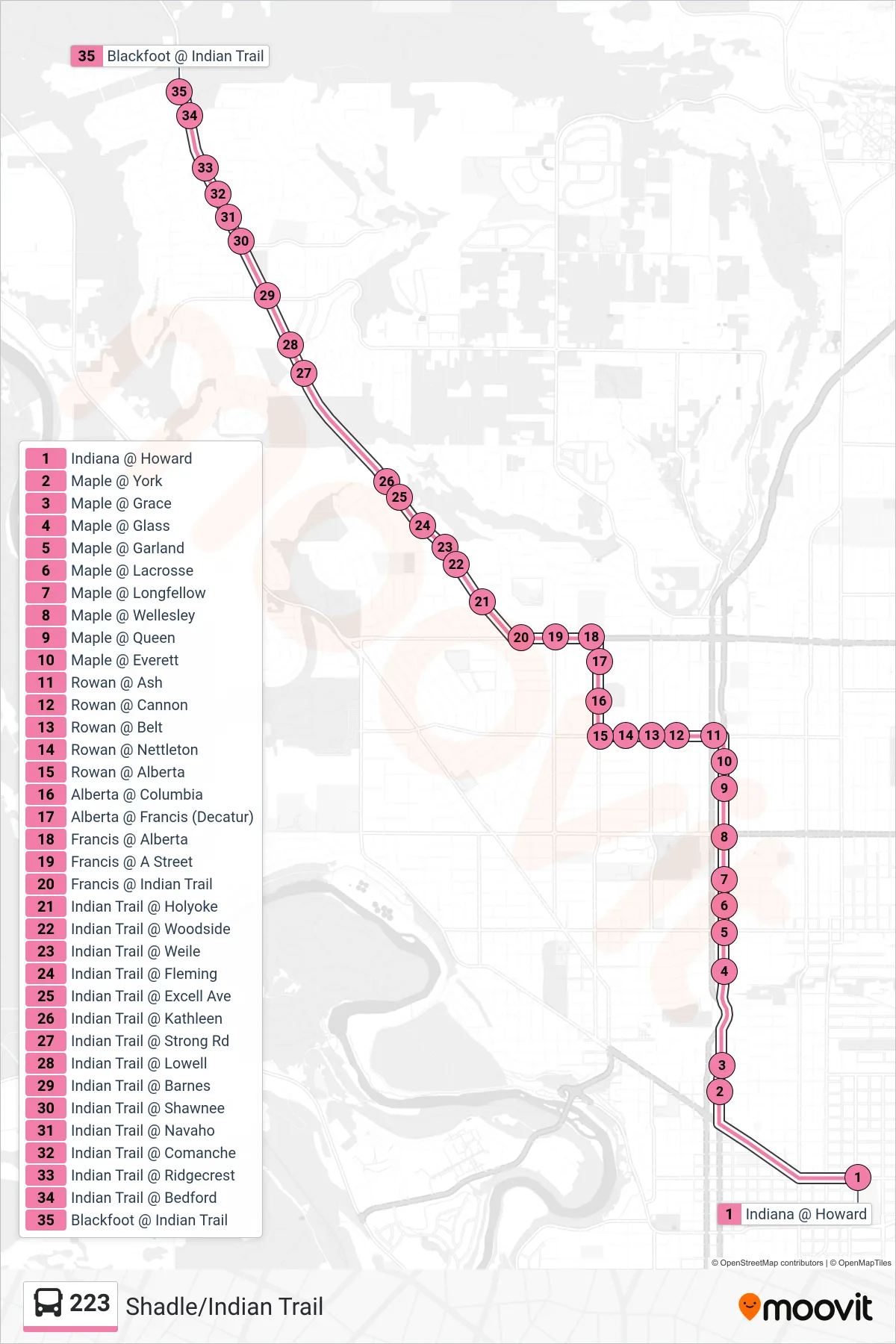 223 bus Line (Indian Trail) route and stops on a map