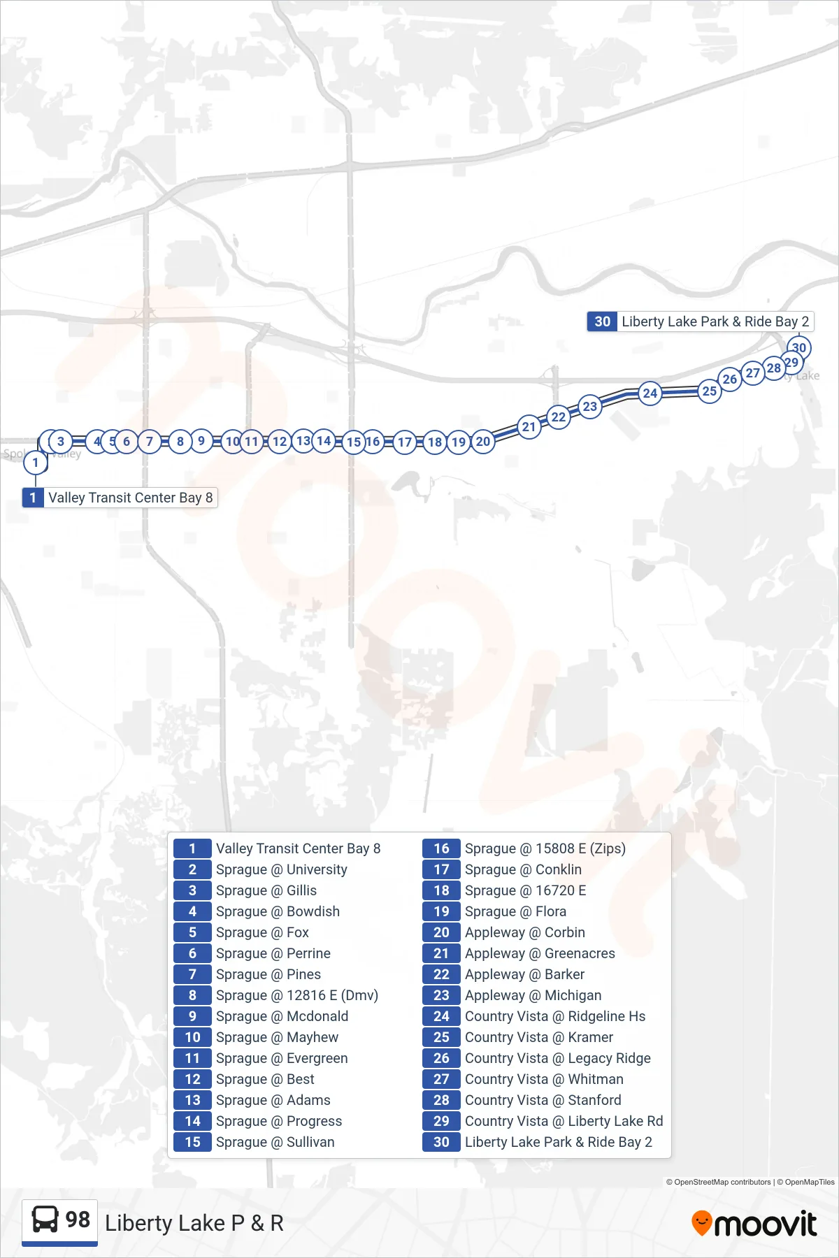 98 bus Line (Liberty Lake P & R) route and stops on a map