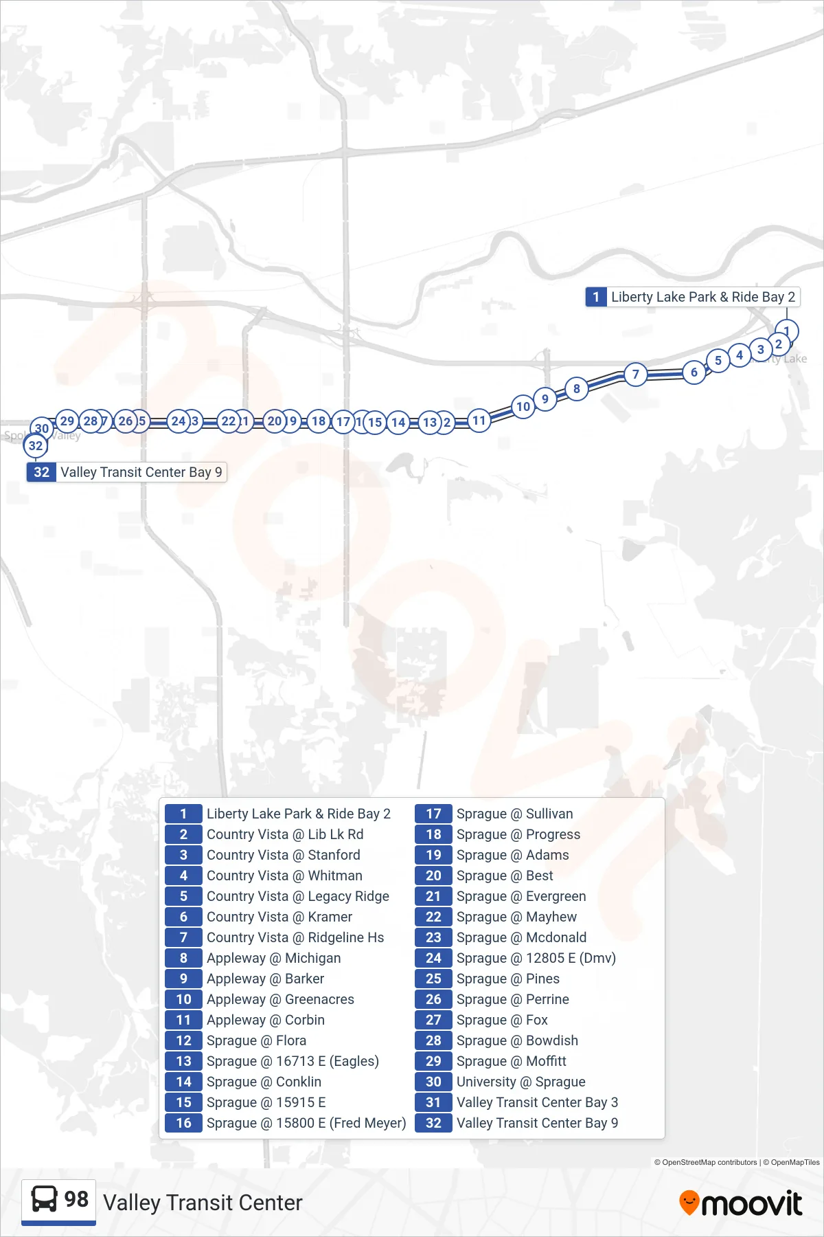 98 bus Line (Valley Transit Center) route and stops on a map