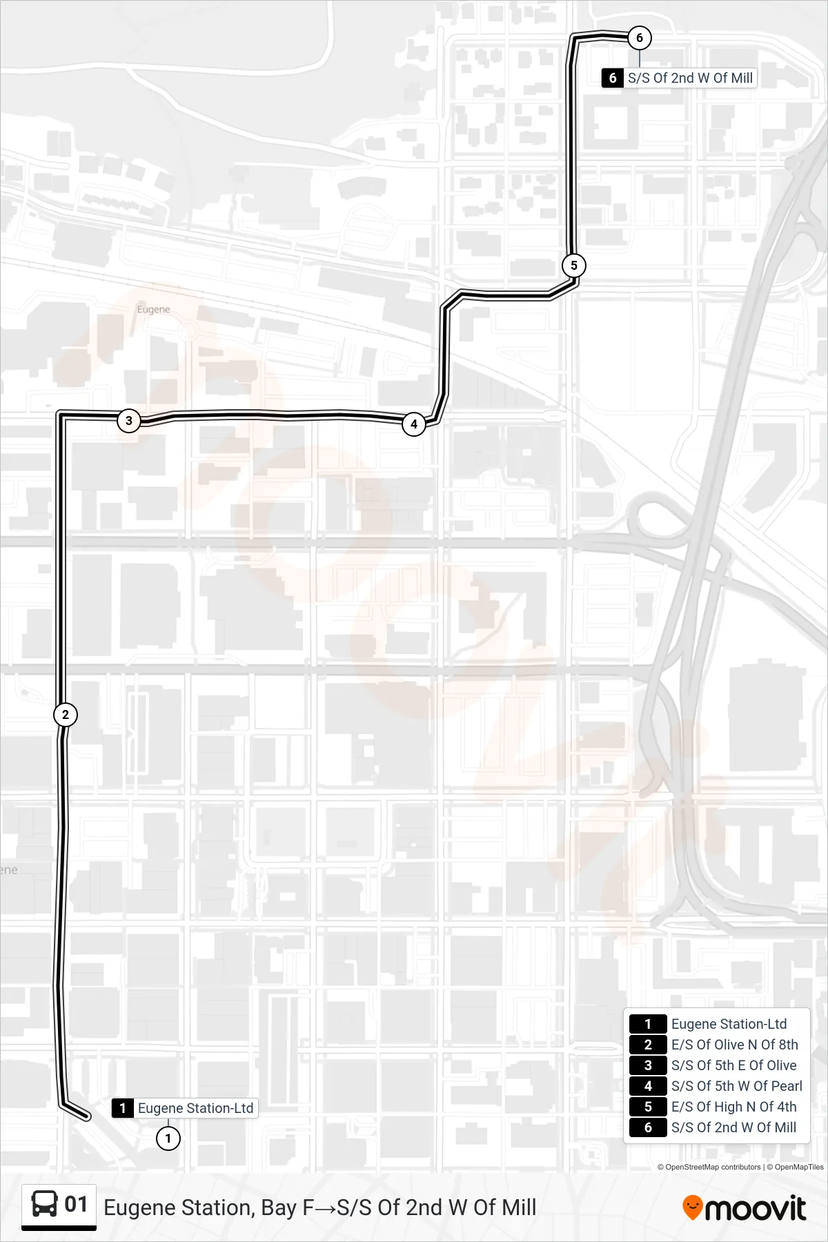 01 bus Line (Eugene Station, Bay F‎→S/S Of 2nd W Of Mill) route and stops on a map