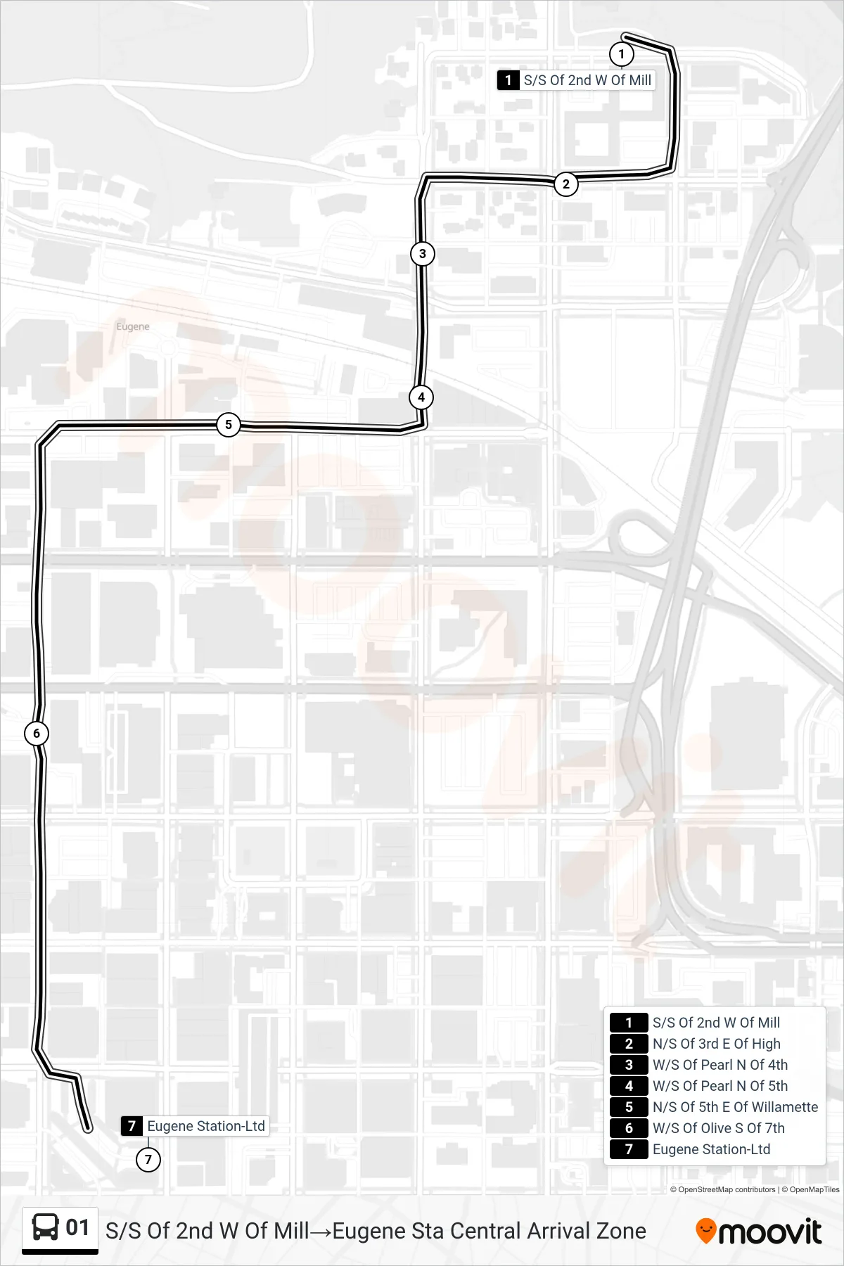 01 bus Line (S/S Of 2nd W Of Mill→Eugene Sta Central Arrival Zone) route and stops on a map