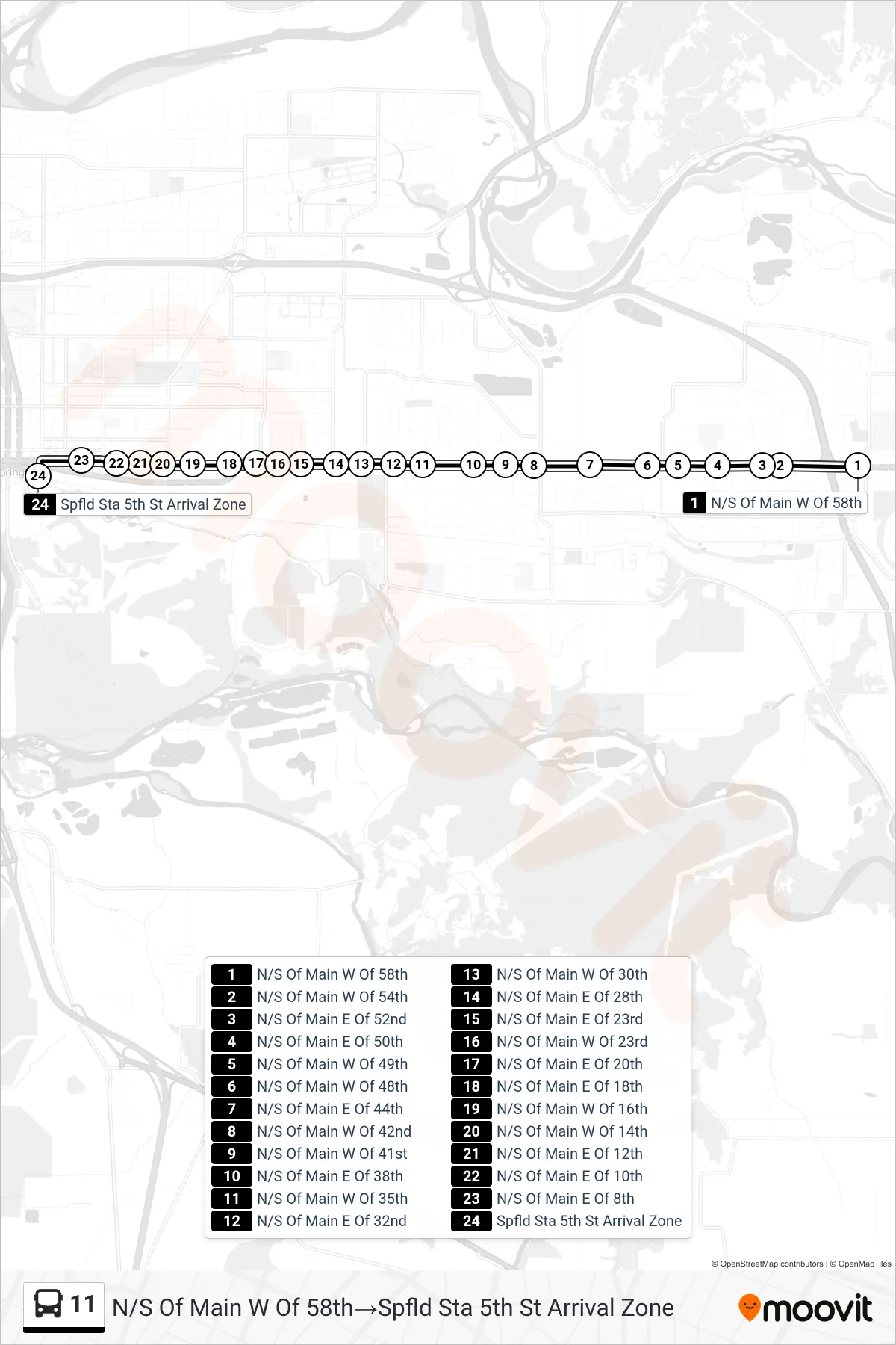 11 bus Line (N/S Of Main W Of 58th‎→Spfld Sta 5th St Arrival Zone) route and stops on a map