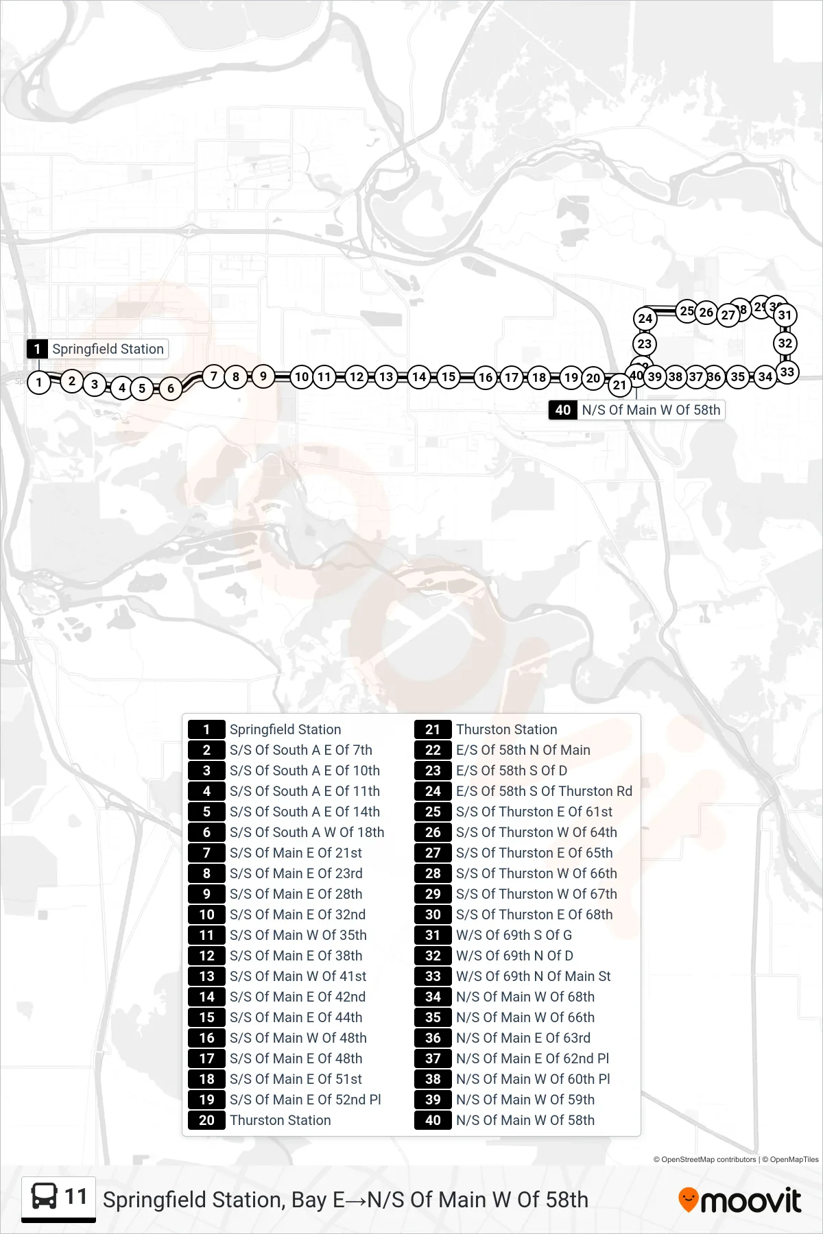 11 bus Line (Springfield Station, Bay E→N/S Of Main W Of 58th) route and stops on a map