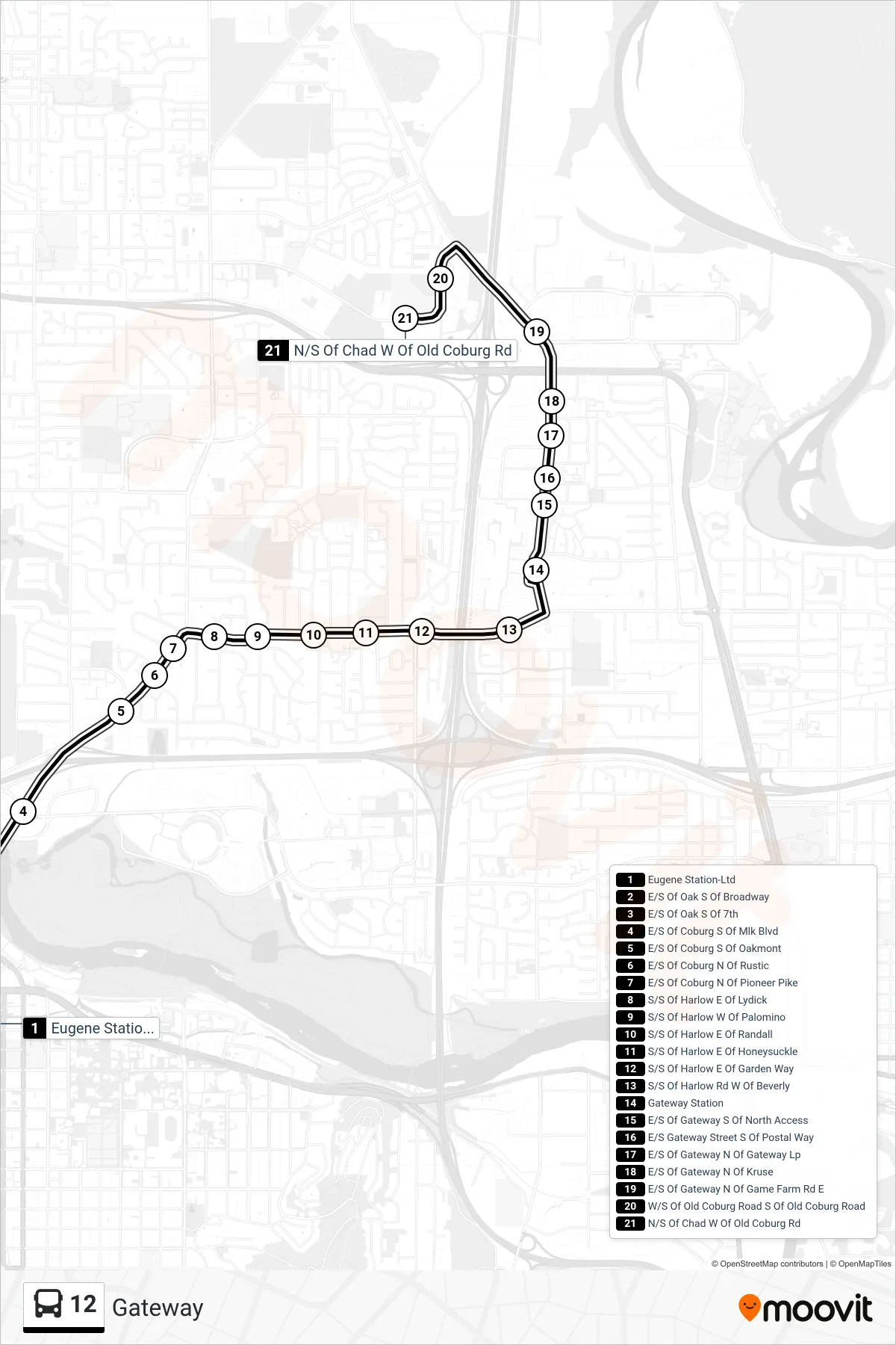 12 bus Line (Eugene Station, Bay S‎→N/S Of Chad W Of Old Coburg Rd) route and stops on a map
