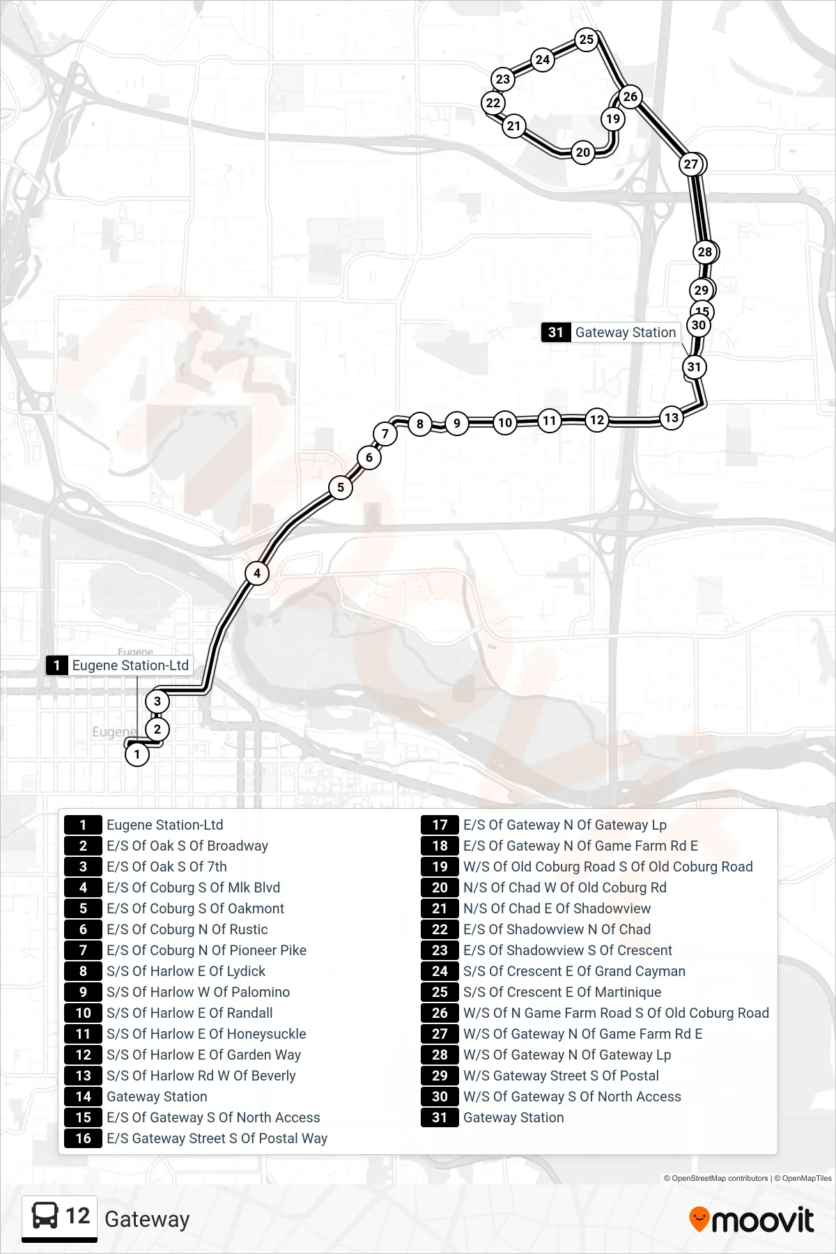 12 bus Line (Eugene Station, Bay S→Gateway Sta.-Bay B (To Es)) route and stops on a map
