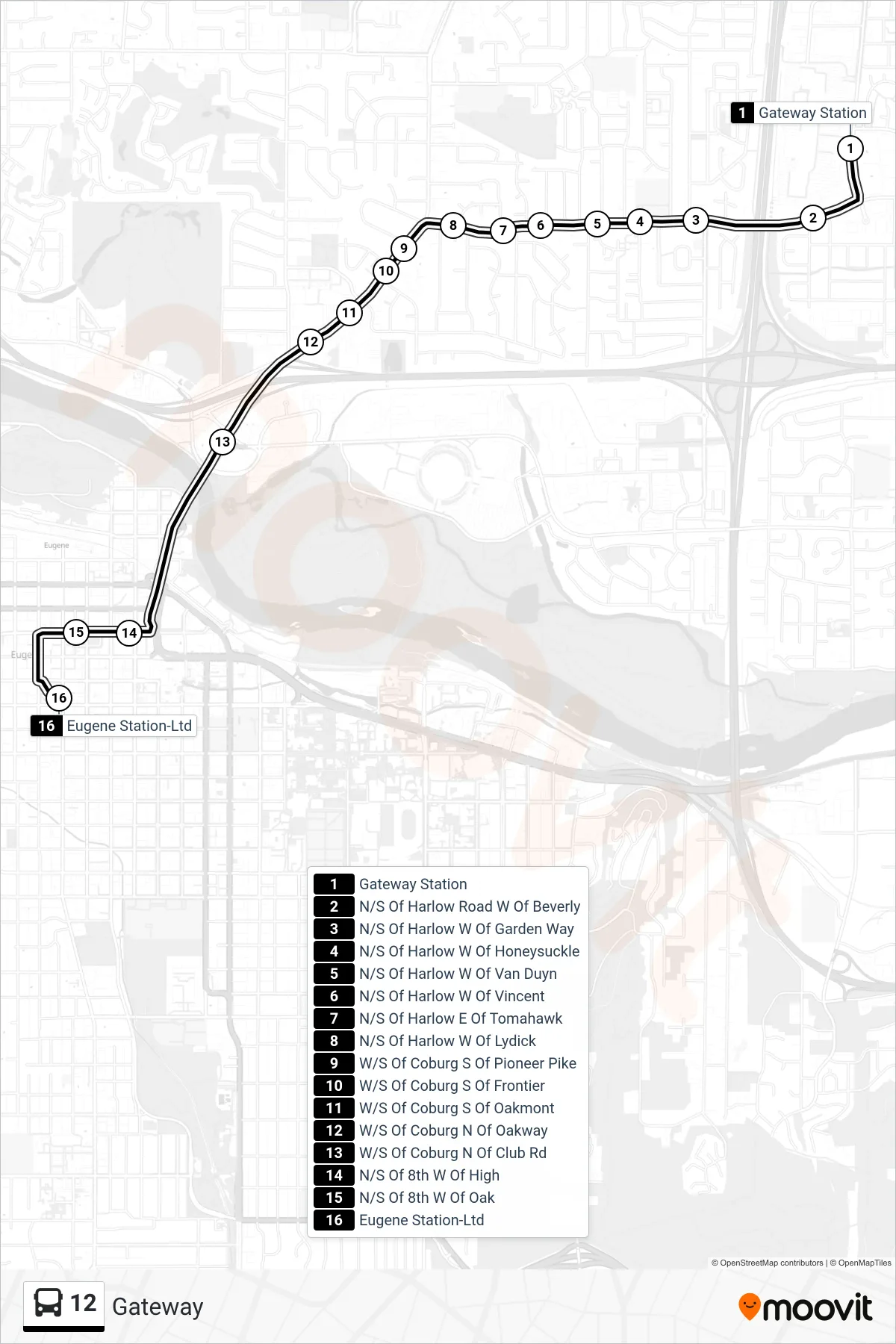12 bus Line (Gateway Sta.-Bay B (To Es)‎→Eugene Sta Central Arrival Zone) route and stops on a map