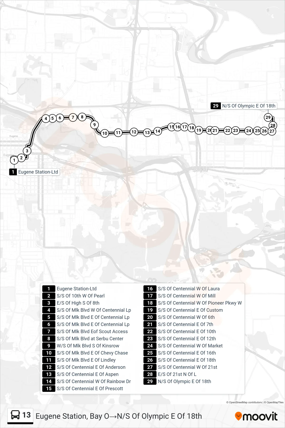 13 bus Line (Eugene Station, Bay O→N/S Of Olympic E Of 18th) route and stops on a map