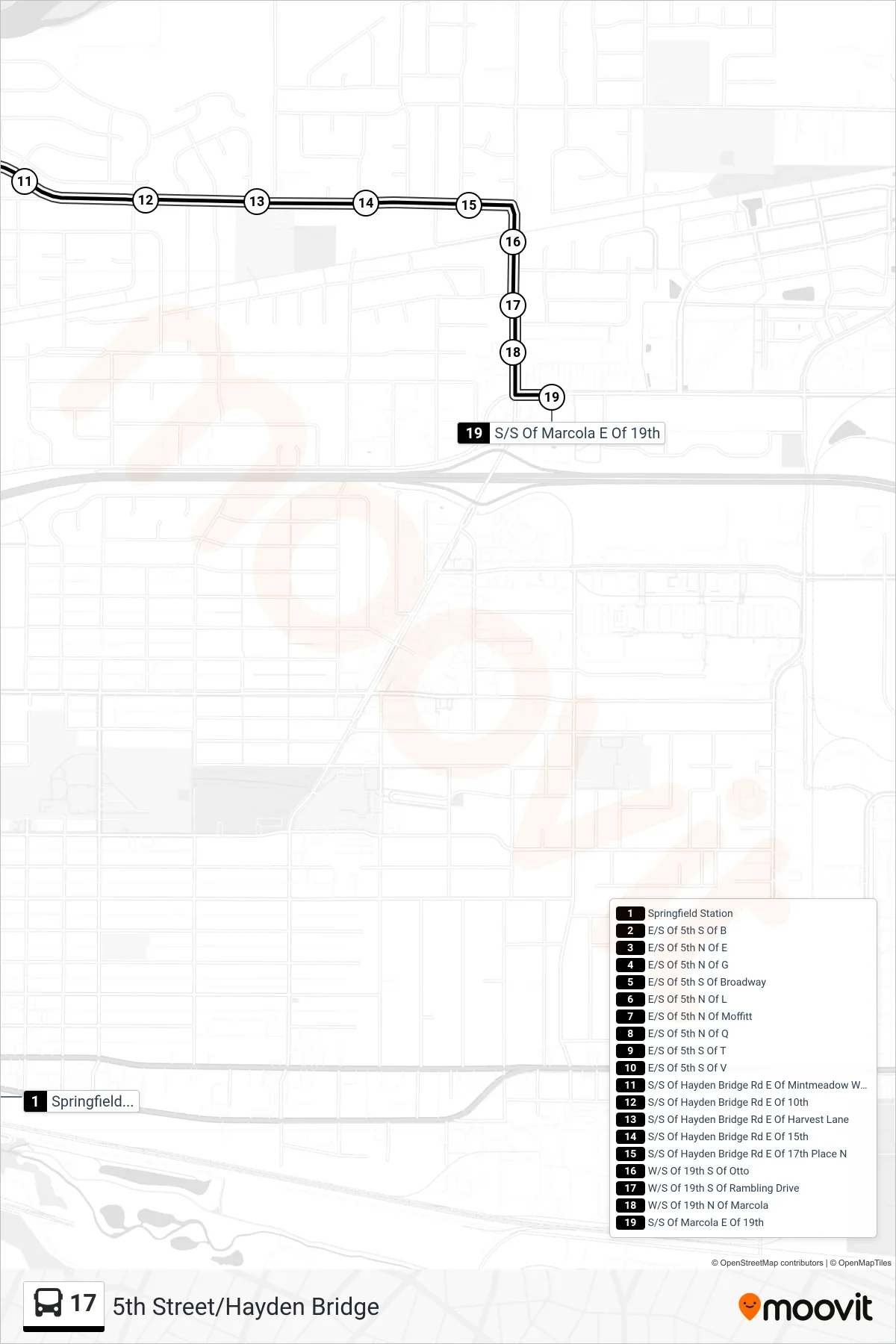 17 bus Line (Springfield Station, Bay B→S/S Of Marcola E Of 19th) route and stops on a map
