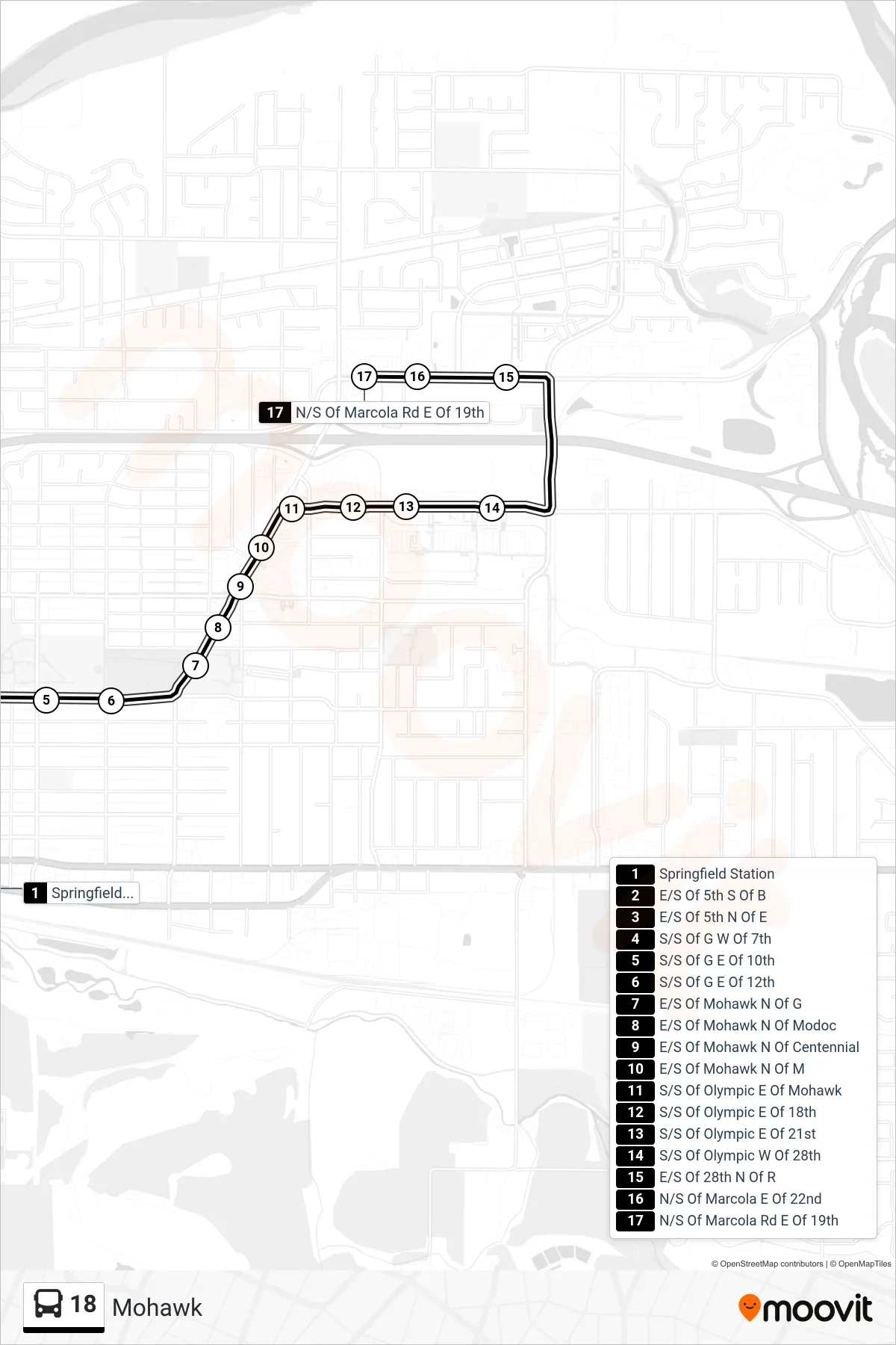 18 bus Line (Springfield Station, Bay C→N/S Of Marcola Rd E Of 19th) route and stops on a map