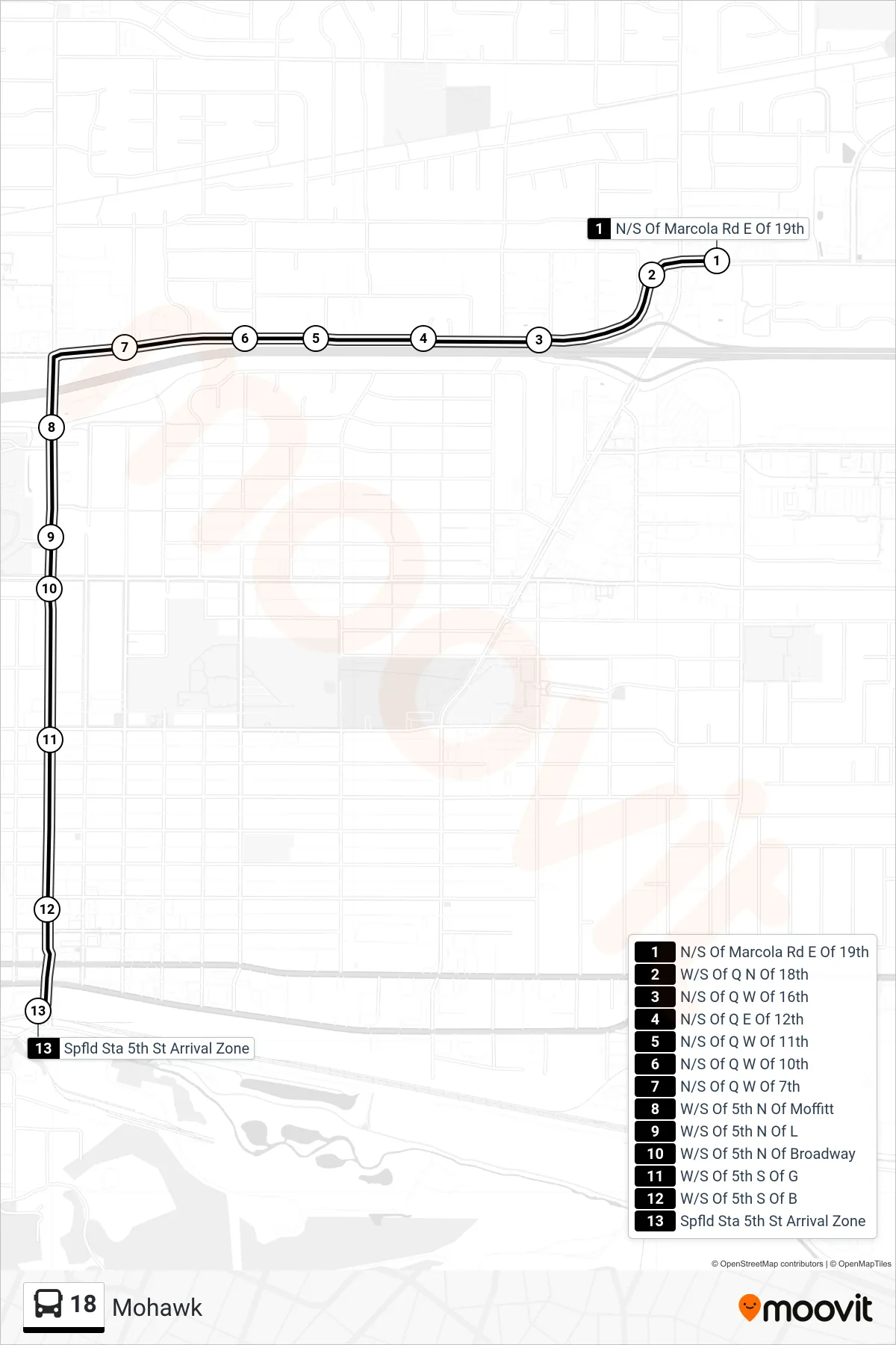 18 bus Line (N/S Of Marcola Rd E Of 19th‎→Spfld Sta 5th St Arrival Zone) route and stops on a map