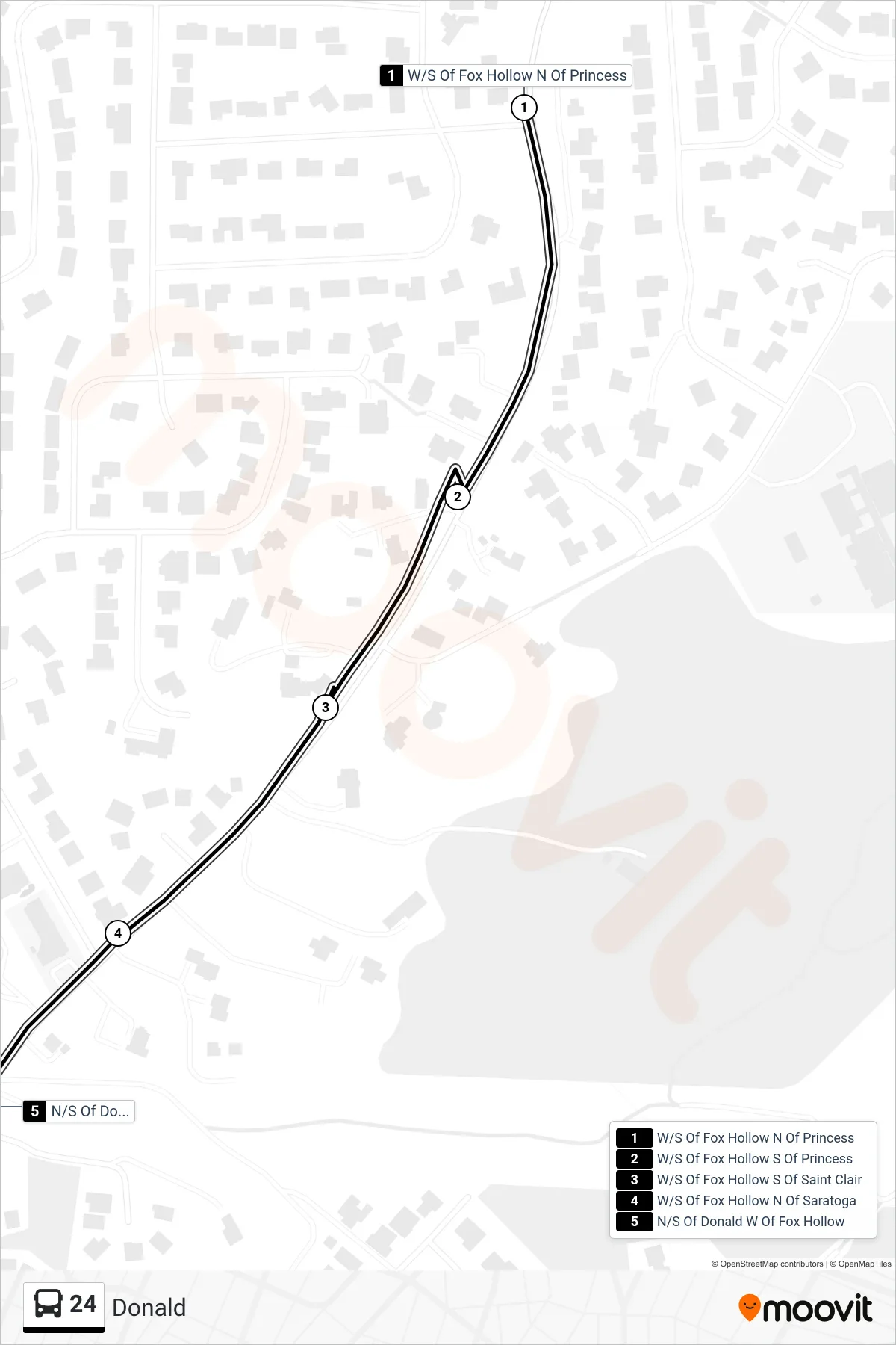 24 bus Line (W/S Of Fox Hollow N Of Princess→N/S Of Donald W Of Fox Hollow) route and stops on a map