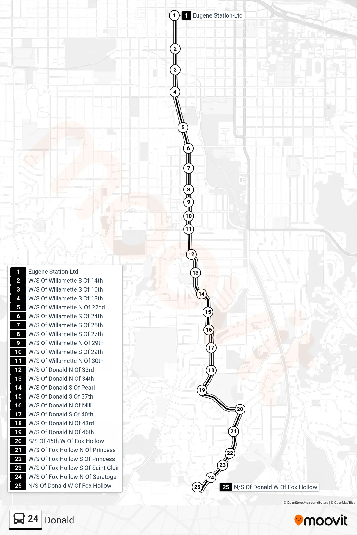 24 bus Line (Eugene Station, Bay L→N/S Of Donald W Of Fox Hollow) route and stops on a map