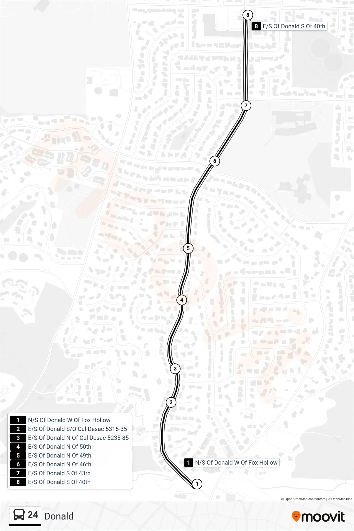 24 bus Line (N/S Of Donald W Of Fox Hollow→E/S Of Donald S Of 40th) route and stops on a map