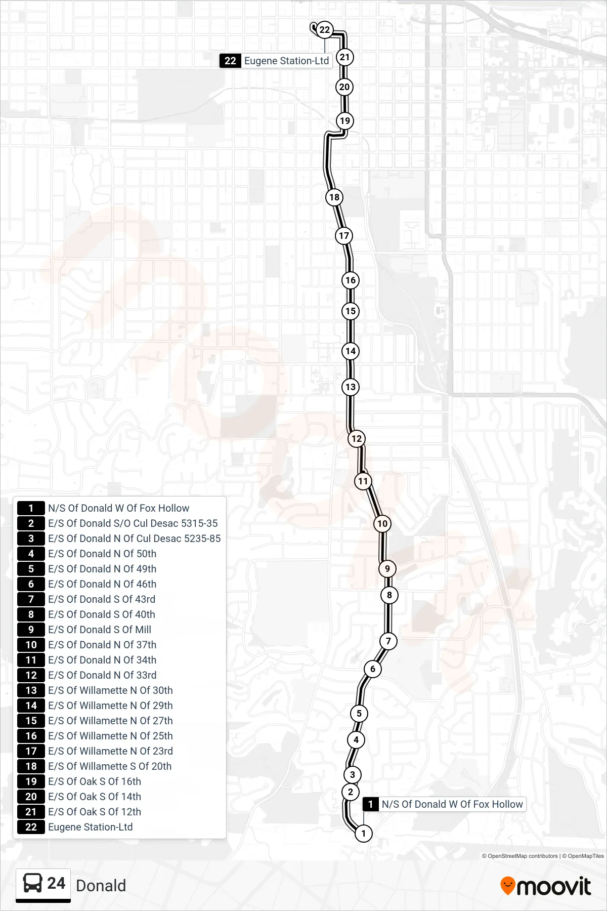 24 bus Line (N/S Of Donald W Of Fox Hollow‎→Eugene Sta Central Arrival Zone) route and stops on a map