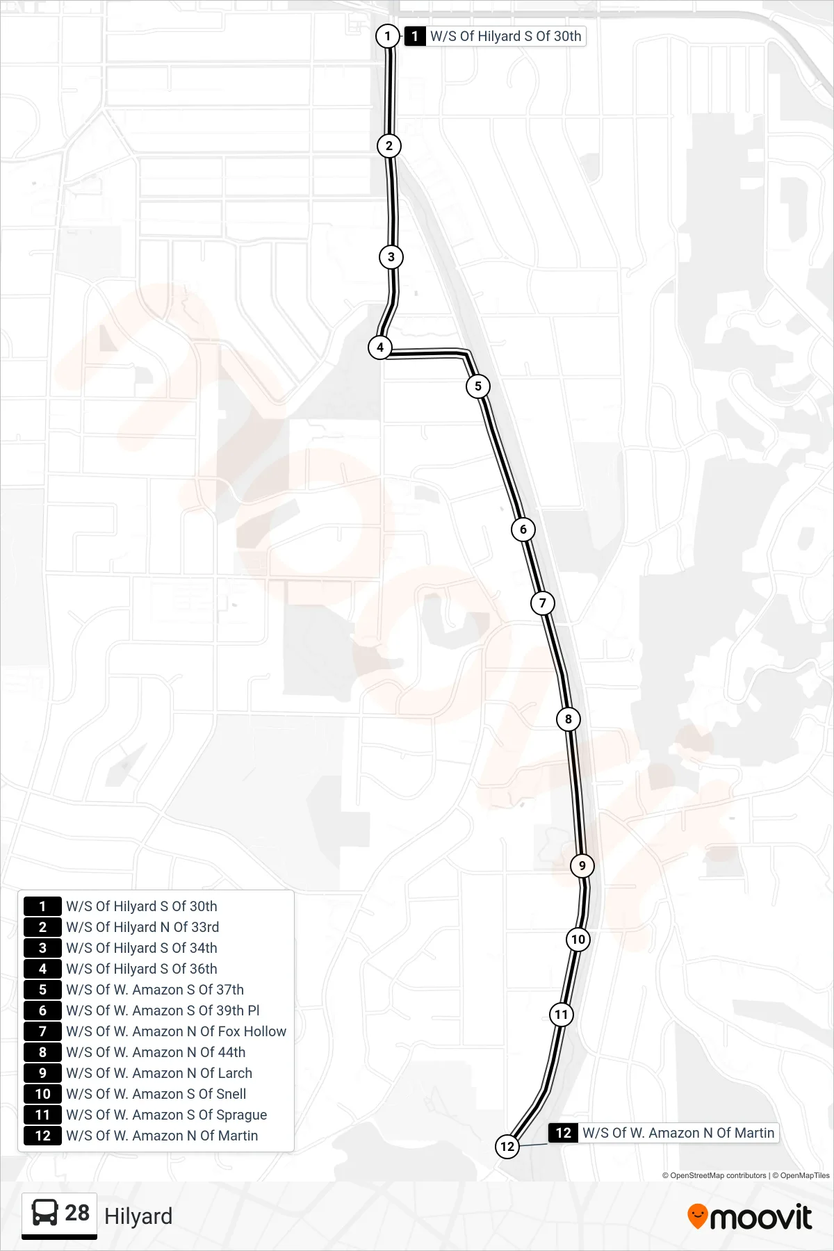28 bus Line (W/S Of Hilyard S Of 30th‎→W/S Of W. Amazon N Of Martin) route and stops on a map