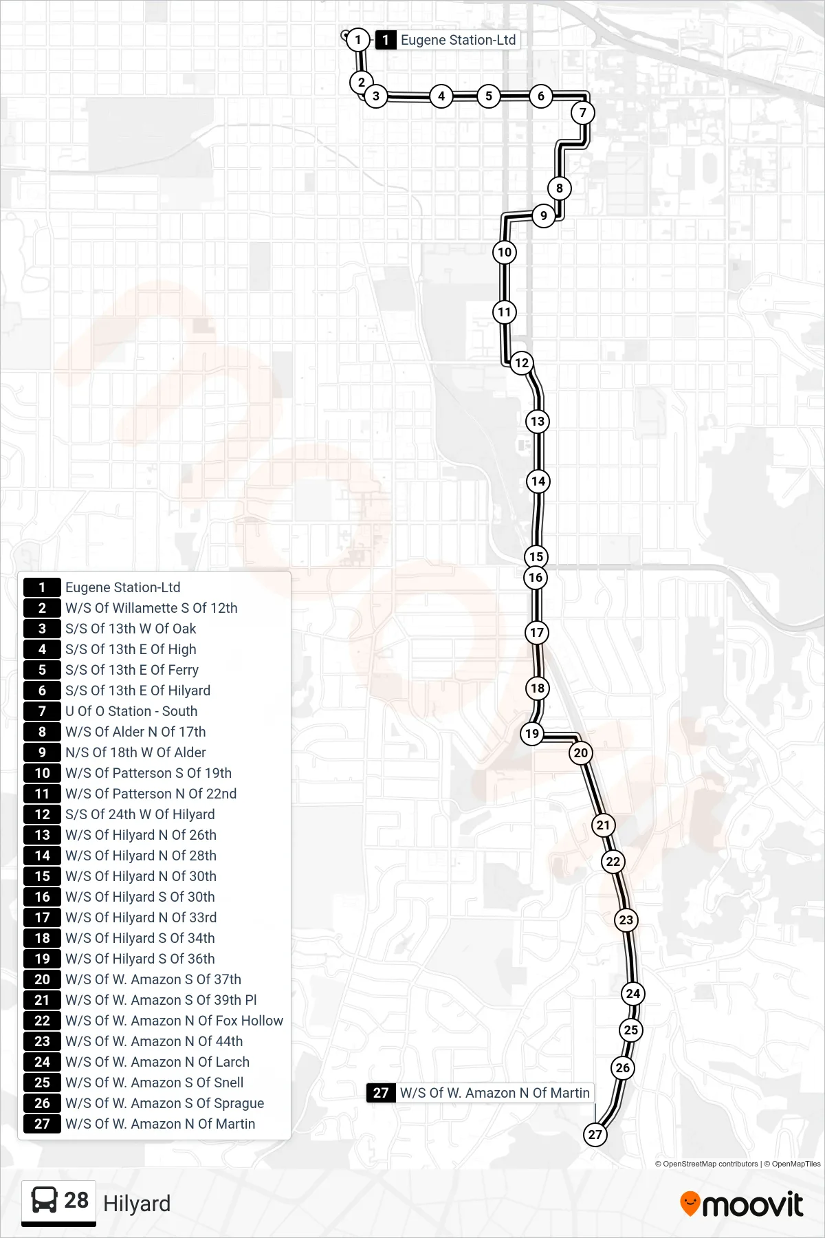 28 bus Line (Eugene Station, Bay J→W/S Of W. Amazon N Of Martin) route and stops on a map