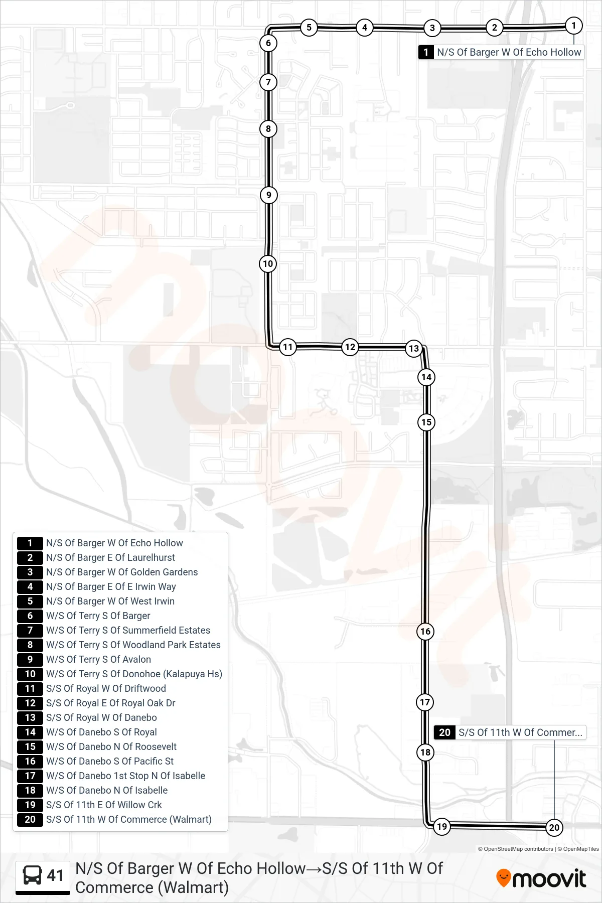 41 bus Line (N/S Of Barger W Of Echo Hollow‎→S/S Of 11th W Of Commerce (Walmart)) route and stops on a map