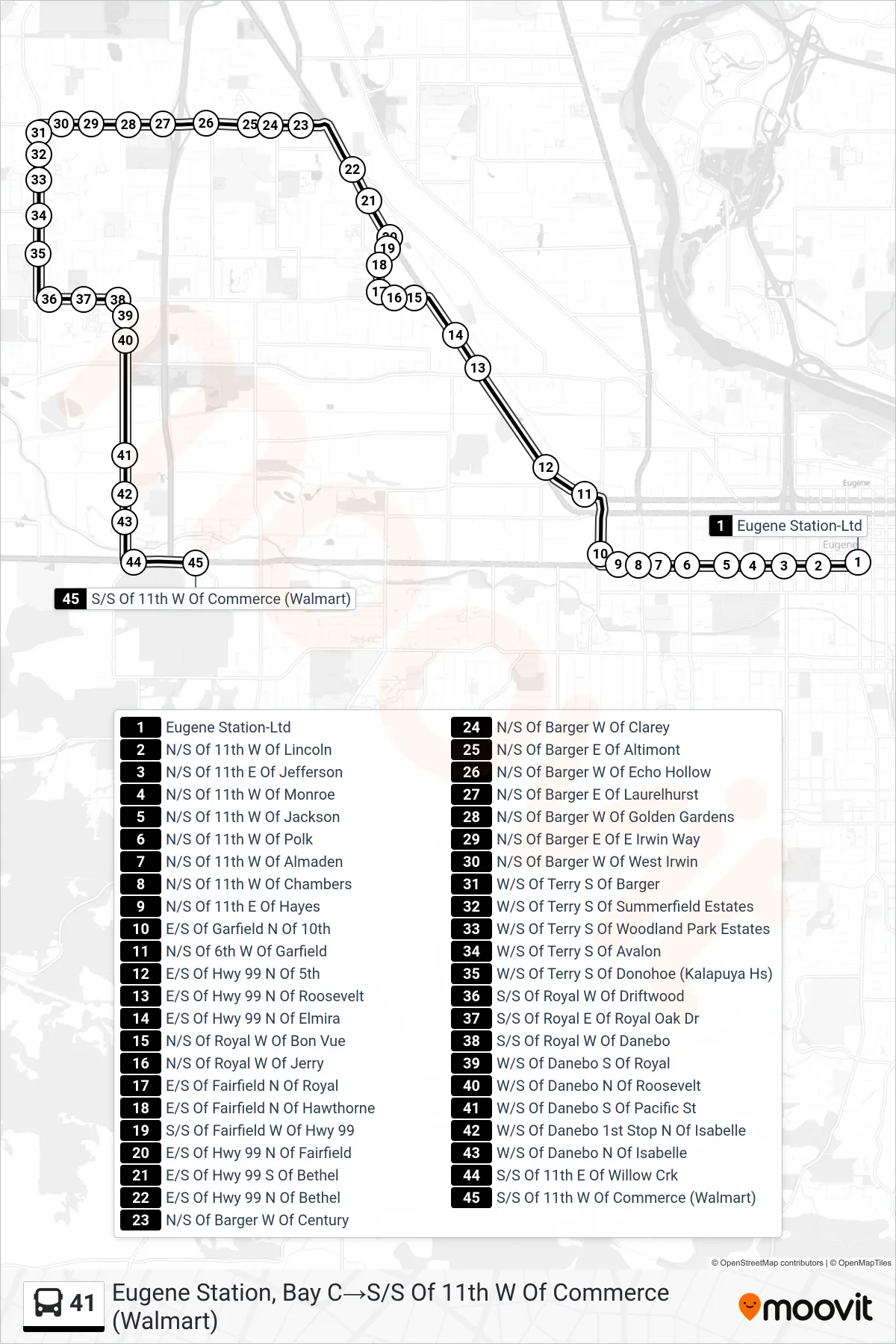 41 bus Line (Eugene Station, Bay C→S/S Of 11th W Of Commerce (Walmart)) route and stops on a map