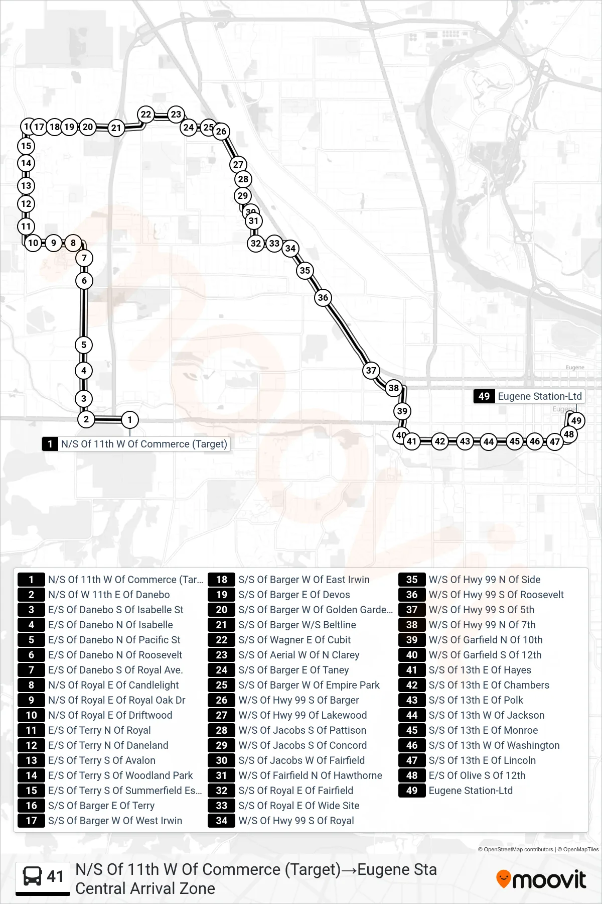 41 bus Line (N/S Of 11th W Of Commerce (Target)→Eugene Sta Central Arrival Zone) route and stops on a map