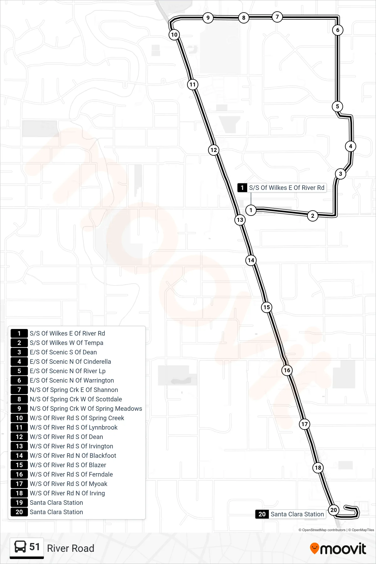 51 bus Line (S/S Of Wilkes E Of River Rd‎→Santa Clara Station, Bay E) route and stops on a map
