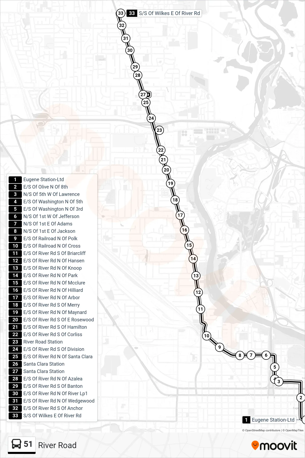 51 bus Line (Eugene Station, Bay E‎→S/S Of Wilkes E Of River Rd) route and stops on a map