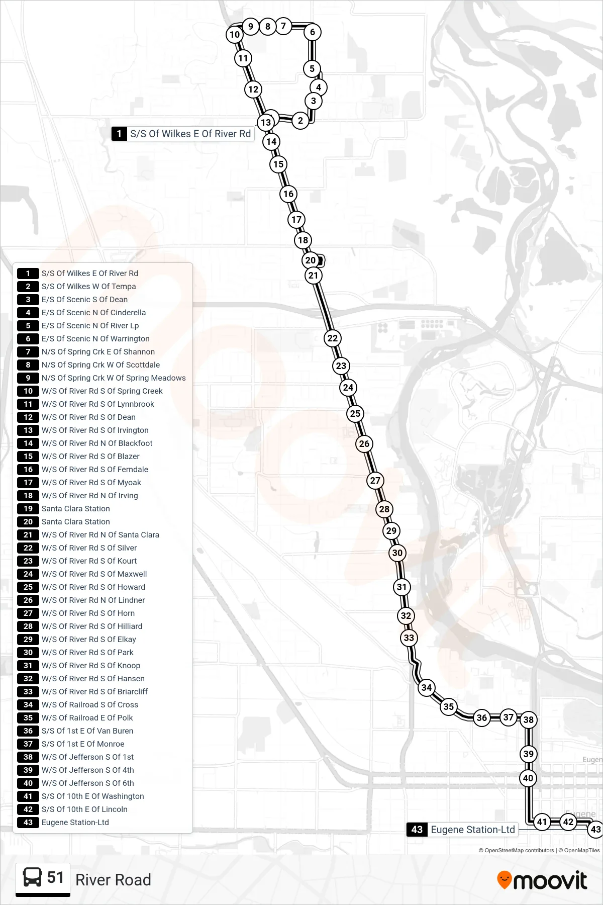 51 bus Line (S/S Of Wilkes E Of River Rd→Eugene Sta Central Arrival Zone) route and stops on a map