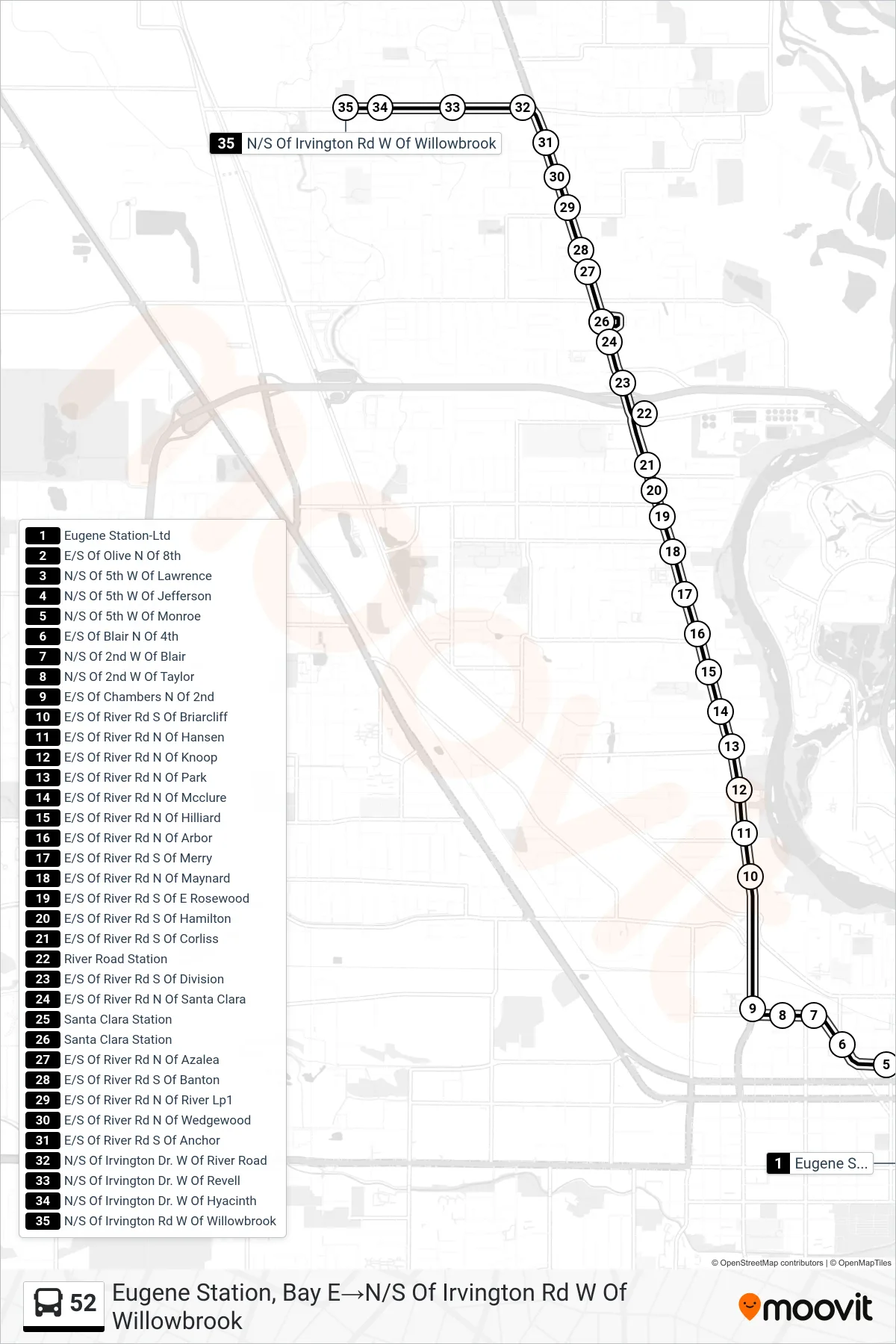 52 bus Line (Eugene Station, Bay E→N/S Of Irvington Rd W Of Willowbrook) route and stops on a map